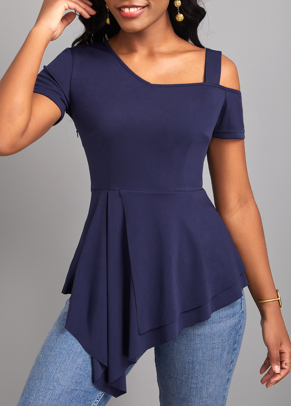 Navy tops,Plain Color tops,ROTITA Asymmetry Short Sleeve Navy Cold Shoulder Blouse