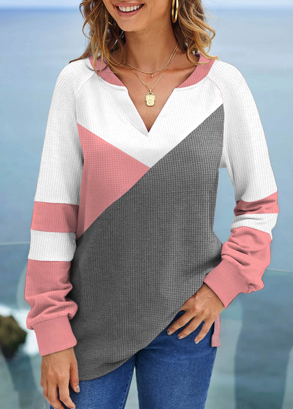 ROTITA Patchwork Pink V Neck Long Sleeve Sweatshirt