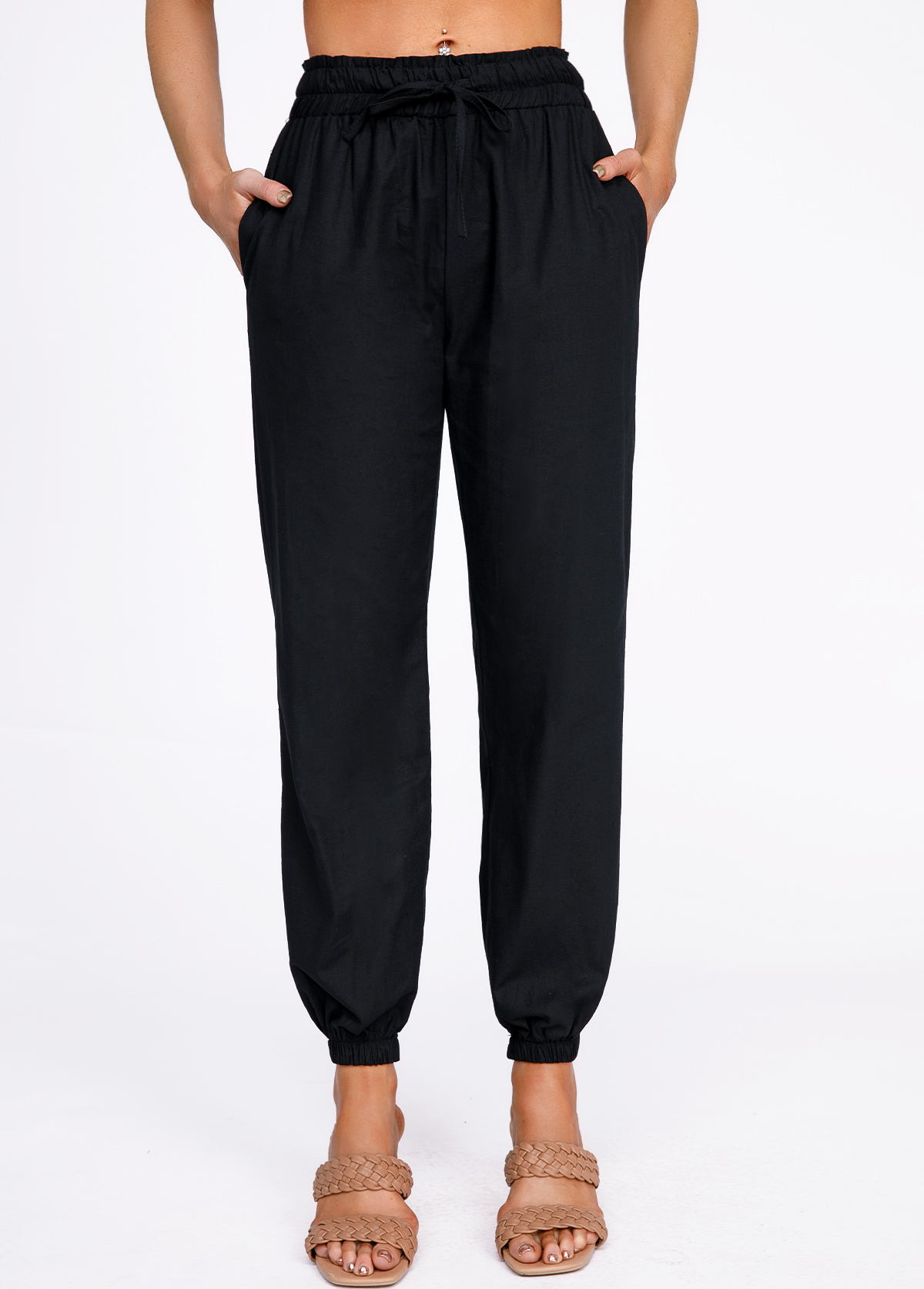 Drawstring Black Belted High Waisted Pants