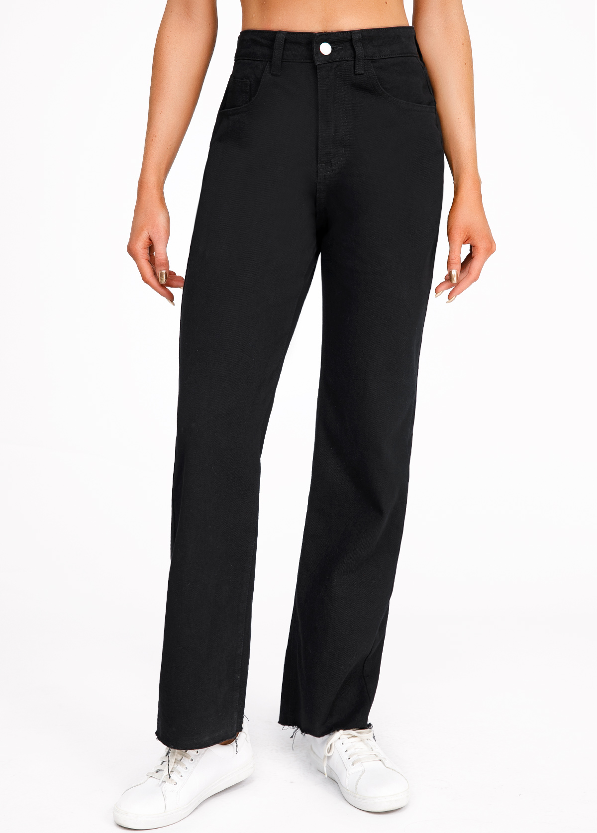 Black bottoms,Plain Color bottoms,Black Button Fly High Waisted Pocket Jeans
