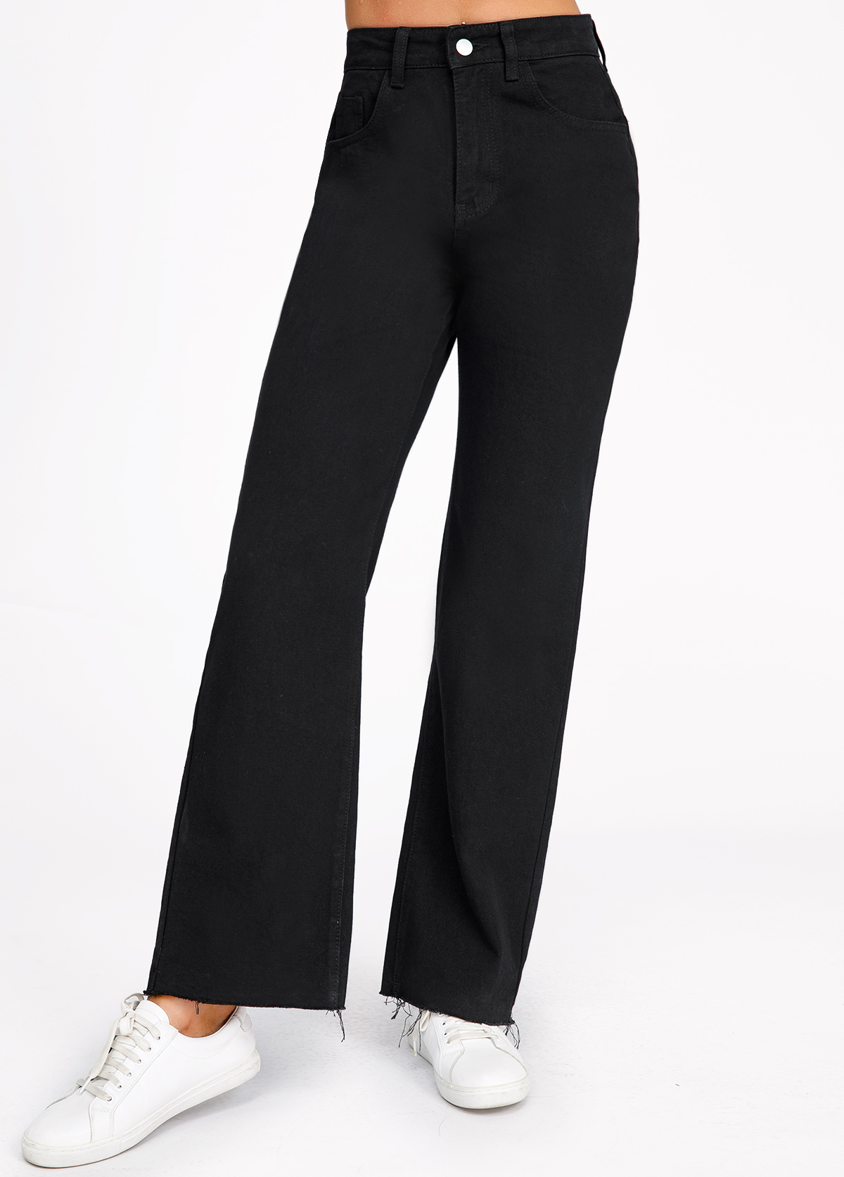 Black bottoms,Plain Color bottoms,Black Button Fly High Waisted Pocket Jeans