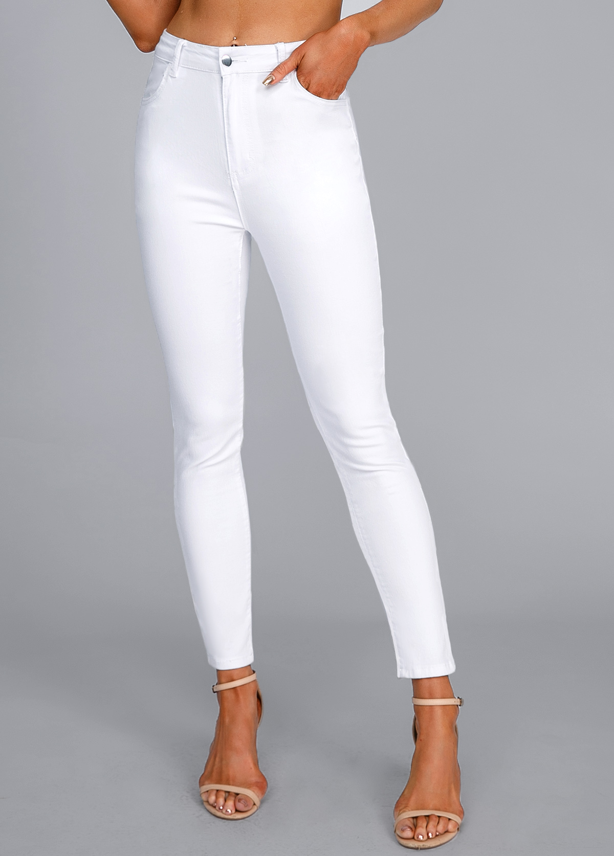 High Waisted Button Fly White Leggings