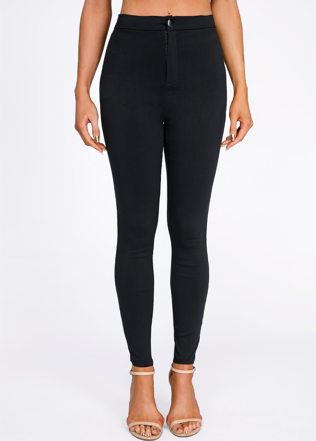 Black bottoms,Plain Color bottoms,Skinny Black Button Fly High Waisted Pants