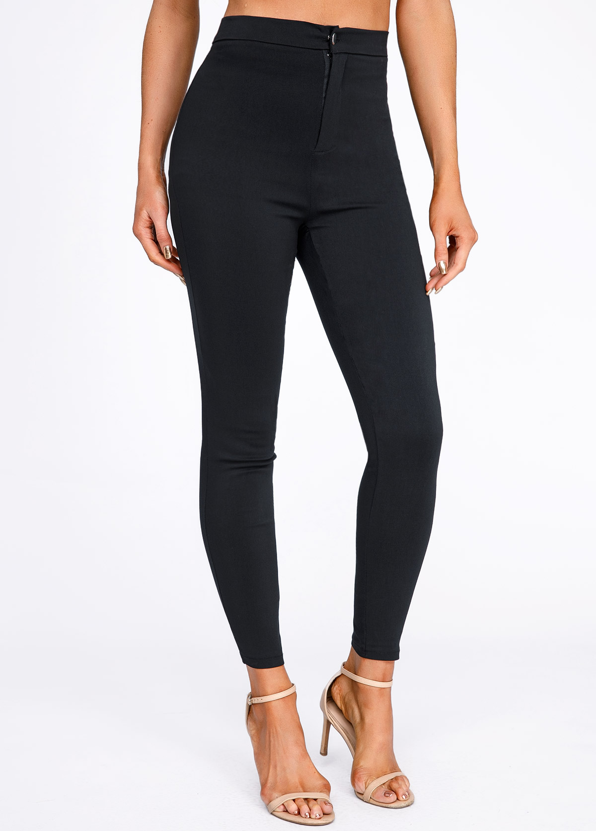 Black bottoms,Plain Color bottoms,Skinny Black Button Fly High Waisted Pants