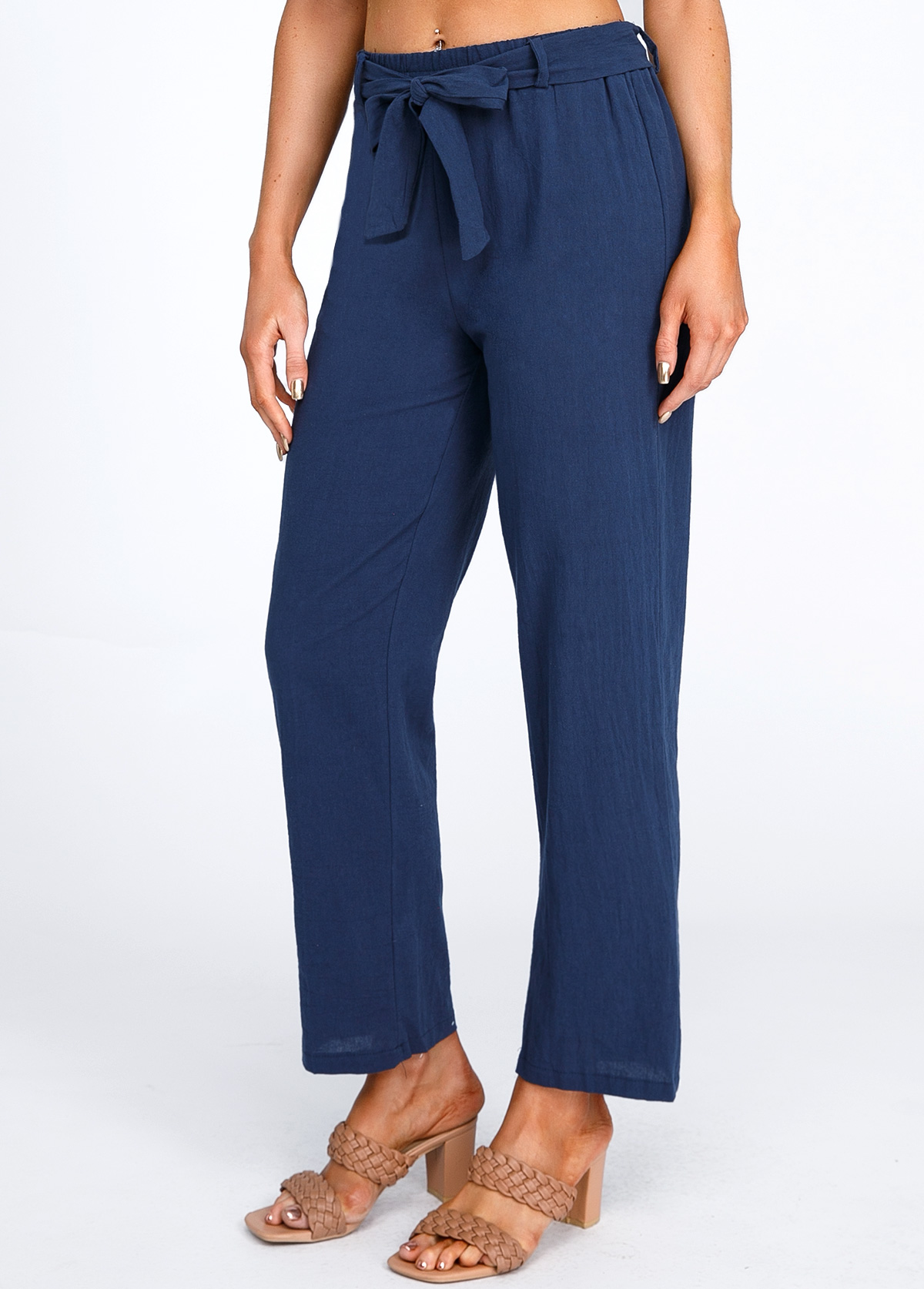 Navy bottoms,Plain Color bottoms,Bowknot Navy Belted High Waisted Pants
