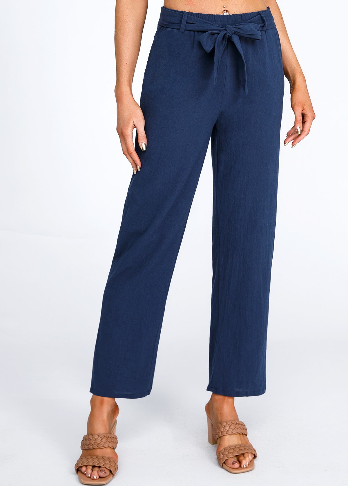 Navy bottoms,Plain Color bottoms,Bowknot Navy Belted High Waisted Pants