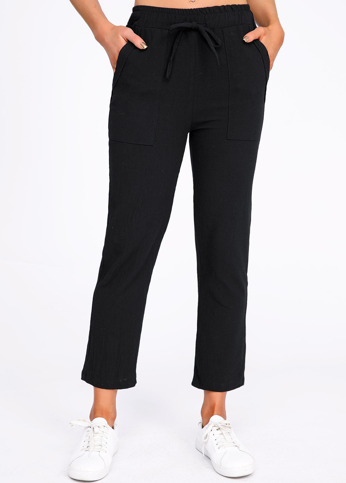 Pocket Black Drawastring Mid Waisted Pants