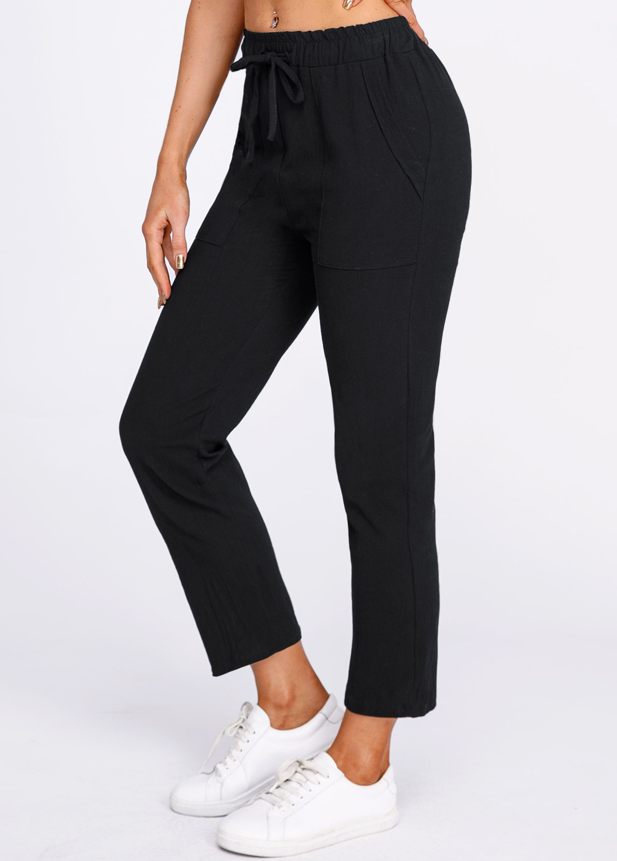 Black bottoms,Plain Color bottoms,Pocket Black Drawastring Mid Waisted Pants