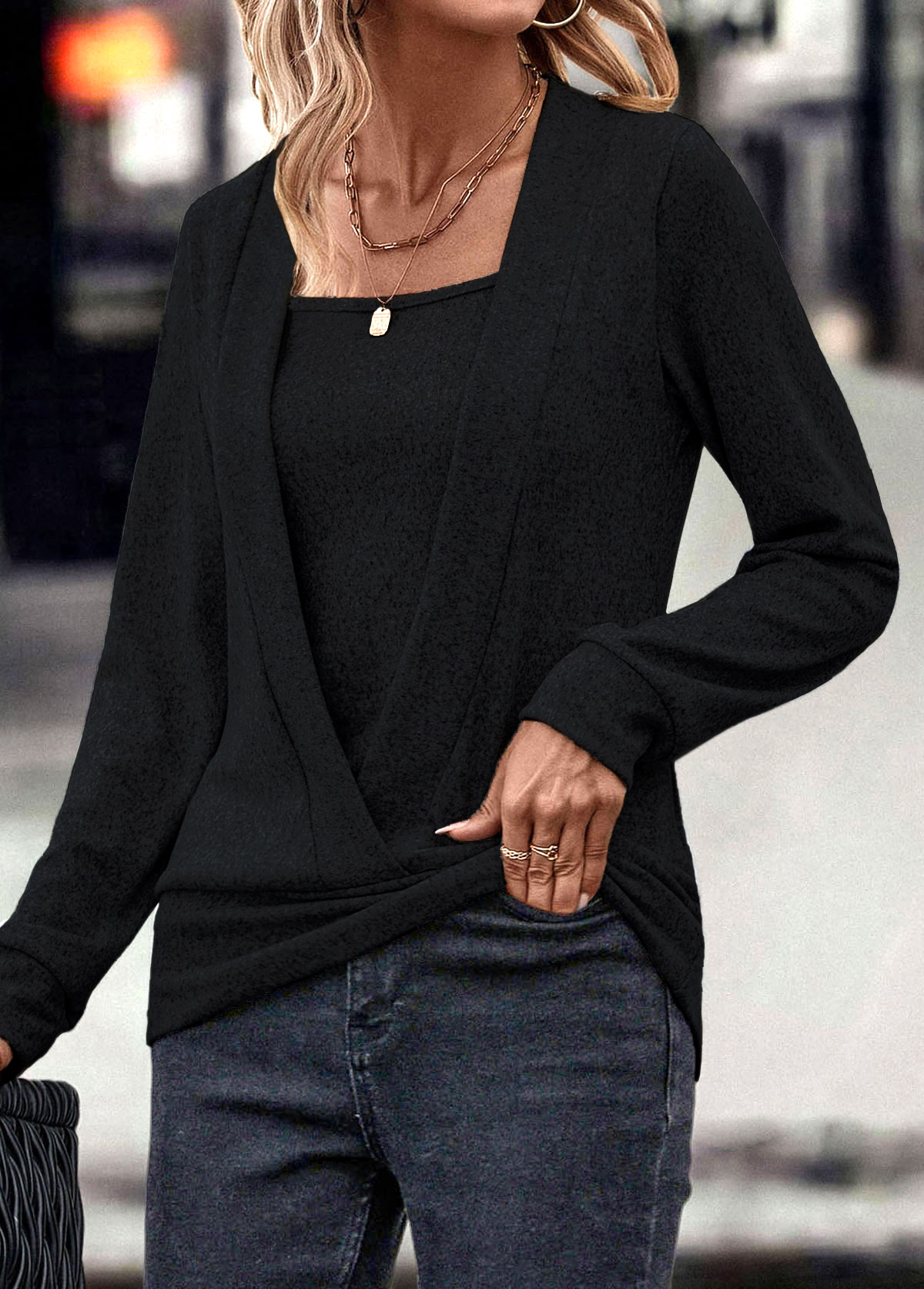 Black tops,Plain Color tops,Fake 2in1 Black Square Neck Long Sleeve Sweatshirt