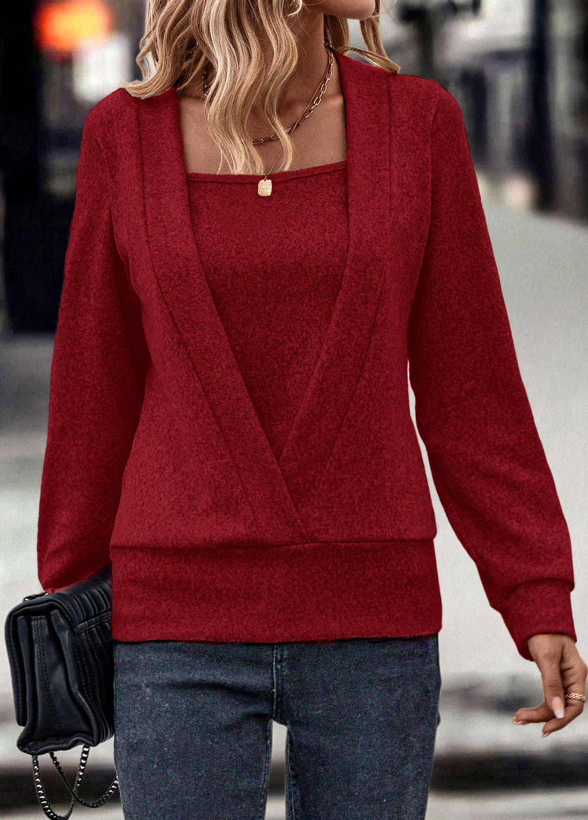 Fake 2in1 Wine Red Square Neck Sweatshirt