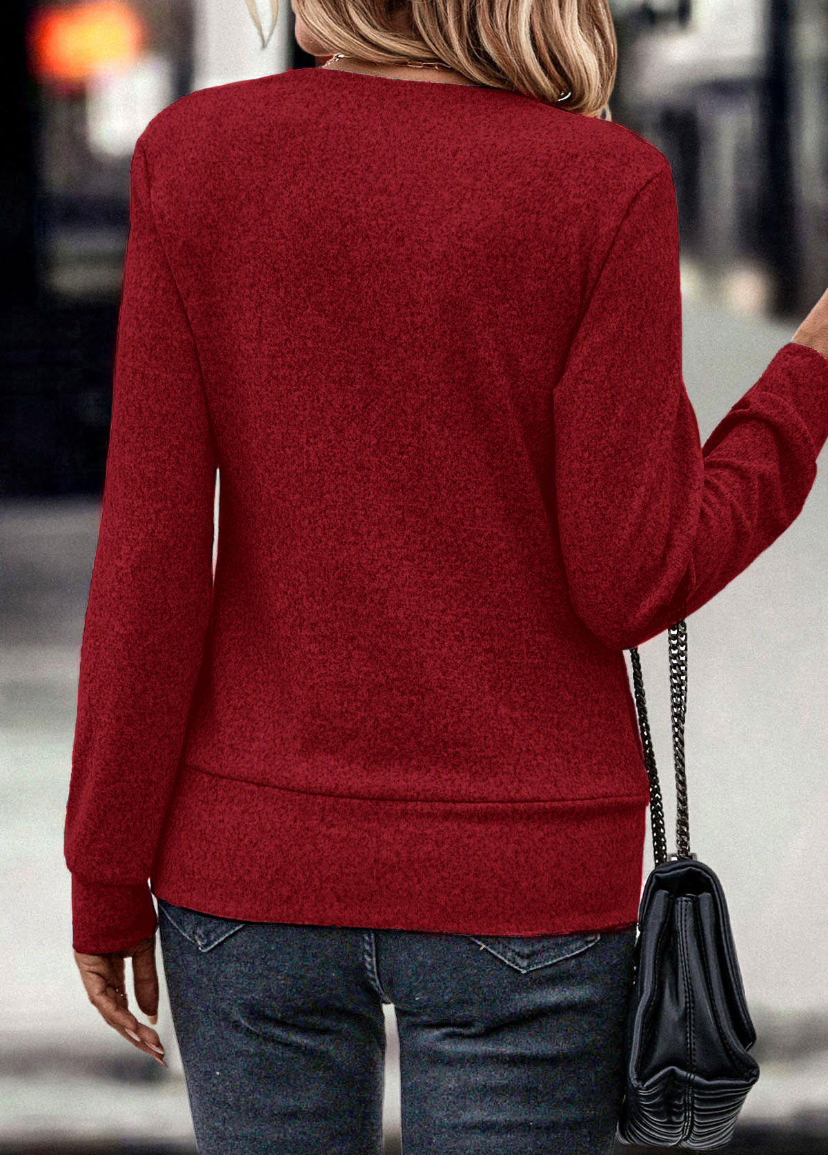 Wine Red tops,Plain Color tops,Fake 2in1 Wine Red Square Neck Sweatshirt