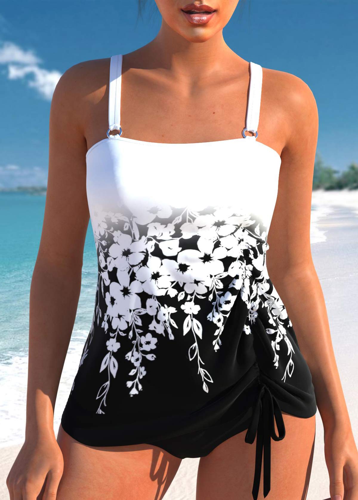 Drawstring Black Floral Print Tankini Set