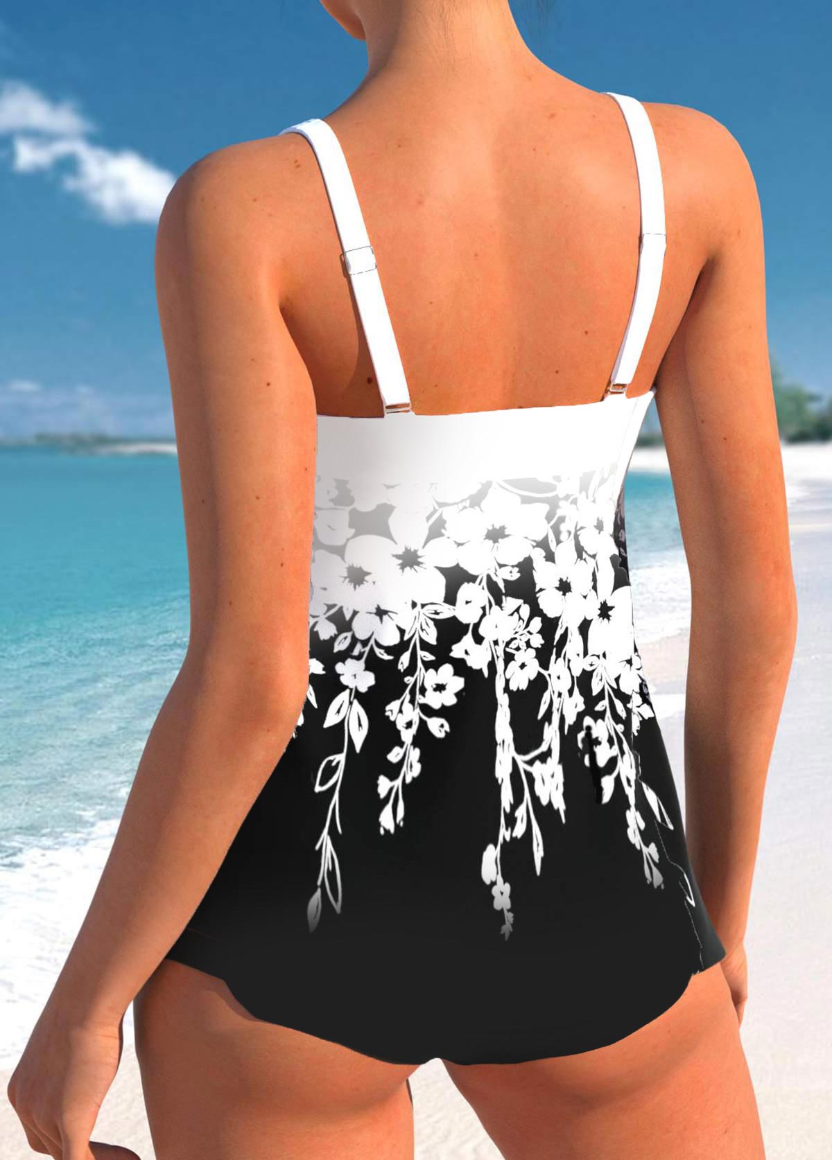 Black swimwear,Floral swimwear,Plants swimwear,Ombre swimwear,ROTITA Drawstring Black Floral Print Tankini Top