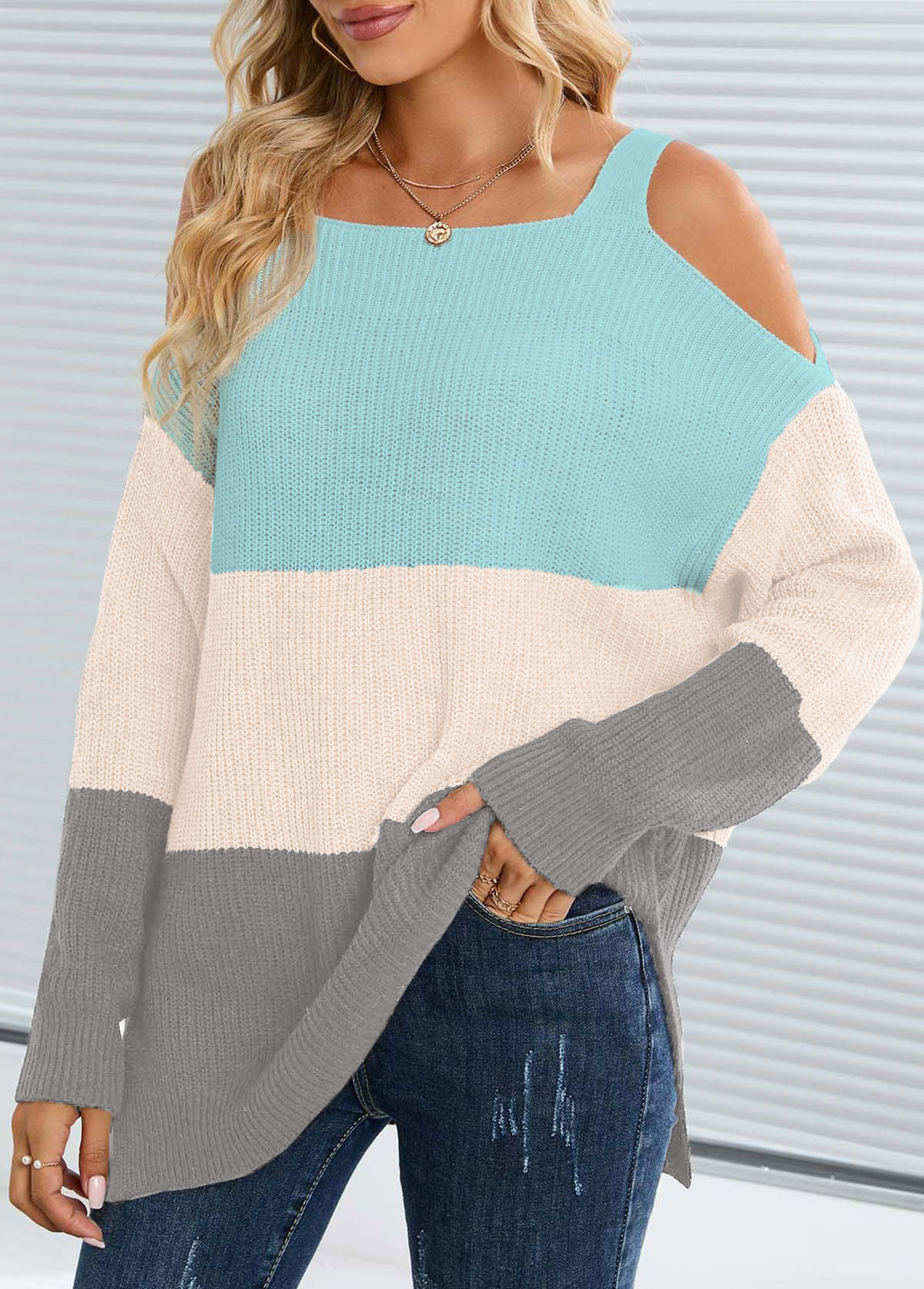 Multi Color tops,Contrast Color tops,Split Multi Color Square Neck Long Sleeve Sweater