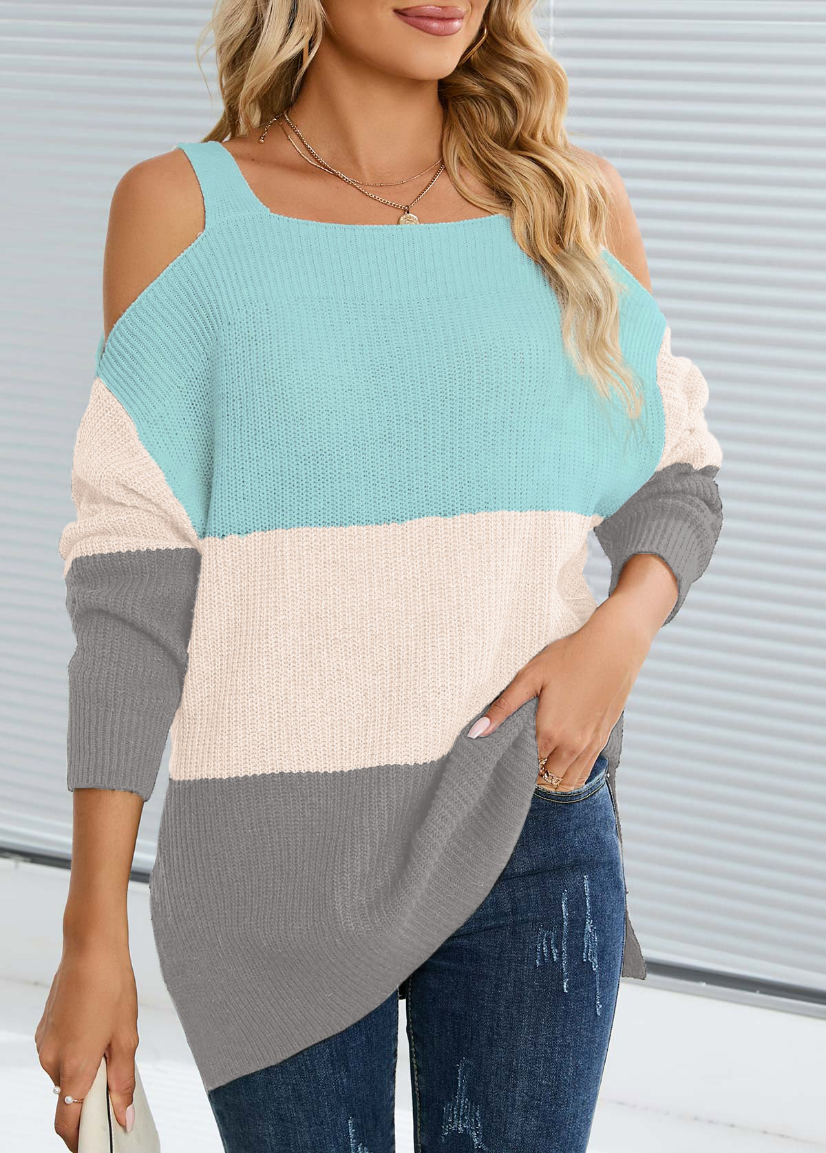 Multi Color tops,Contrast Color tops,Split Multi Color Square Neck Long Sleeve Sweater