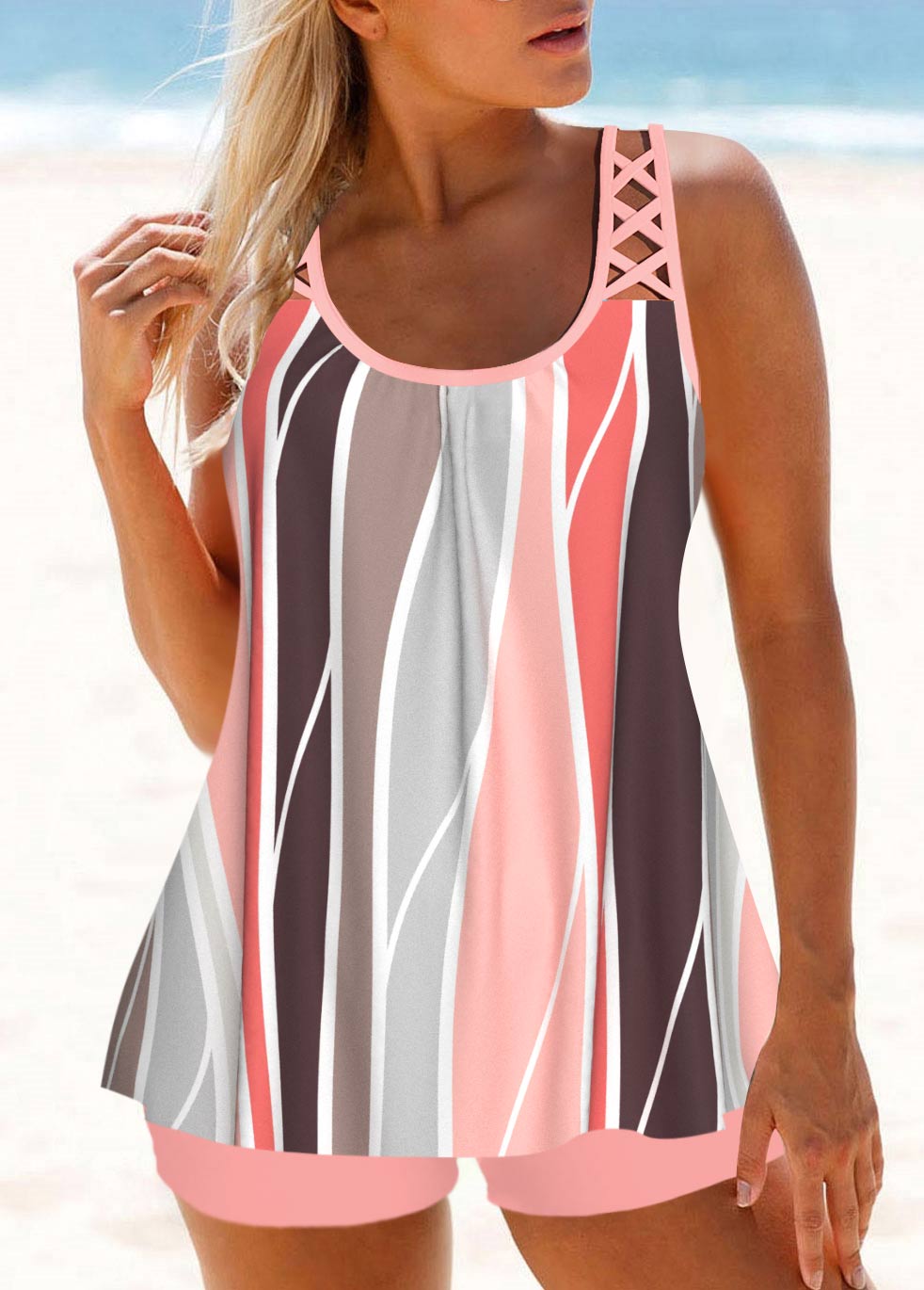 Pink swimwear,Geometric swimwear,ROTITA Criss Cross Pink Geometric Print Tankini Top