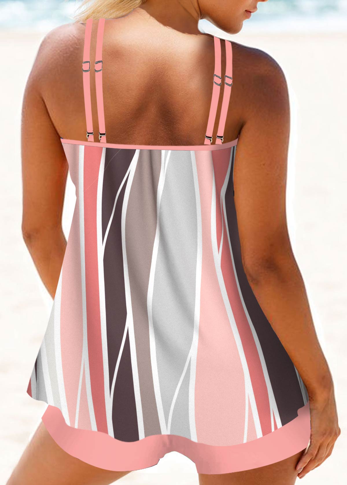 Pink swimwear,Geometric swimwear,ROTITA Criss Cross Pink Geometric Print Tankini Top
