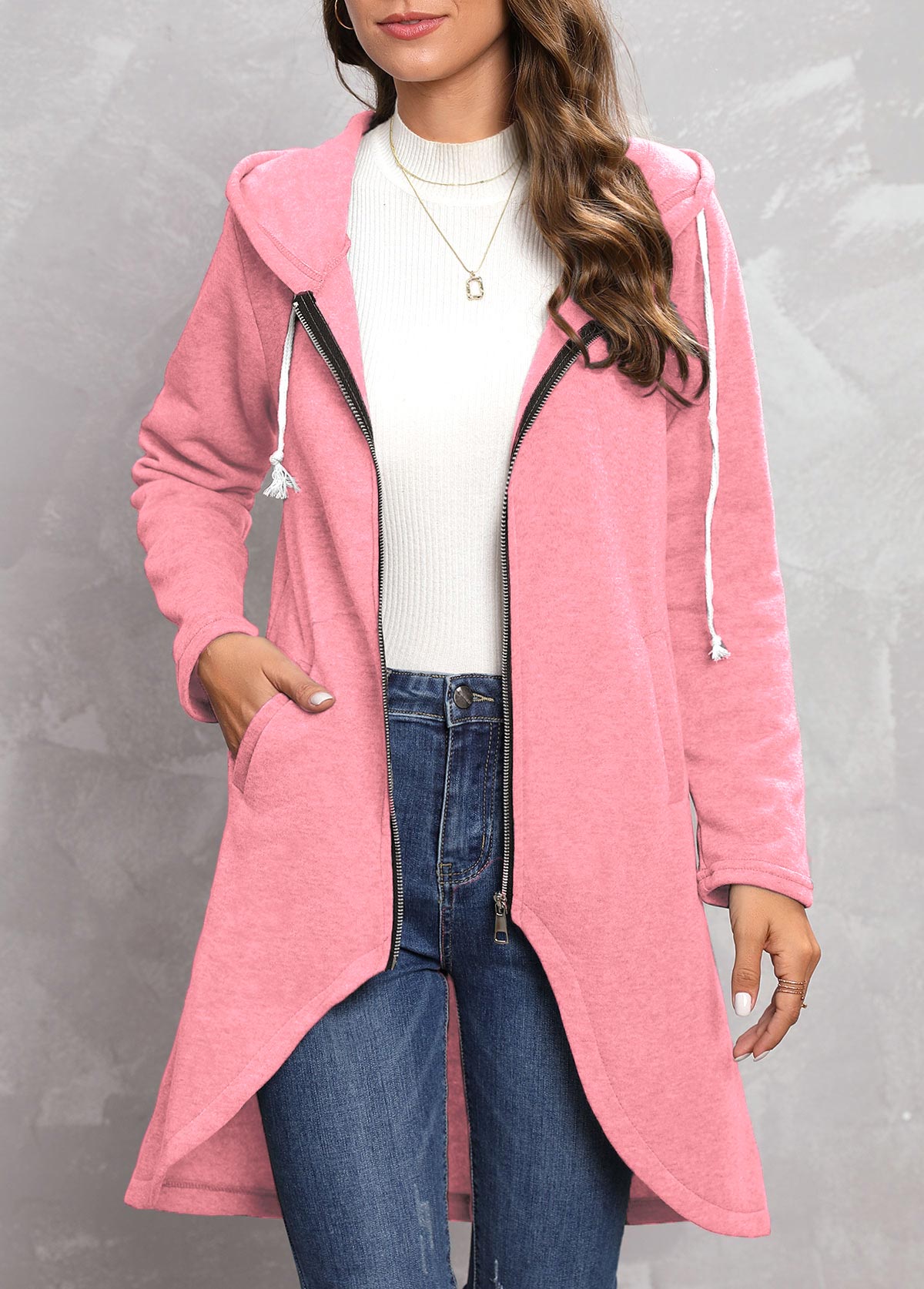 Zipper Pink Hooded Long Sleeve Coat
