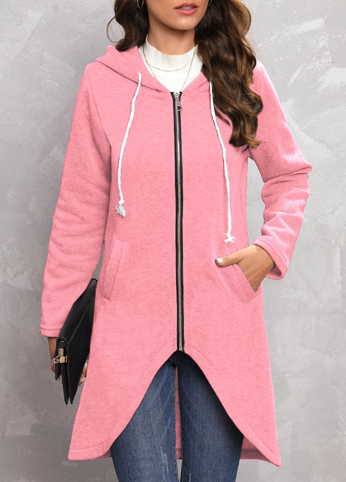 Pink outerwear & coats,Plain Color outerwear & coats,Zipper Pink Hooded Long Sleeve Coat