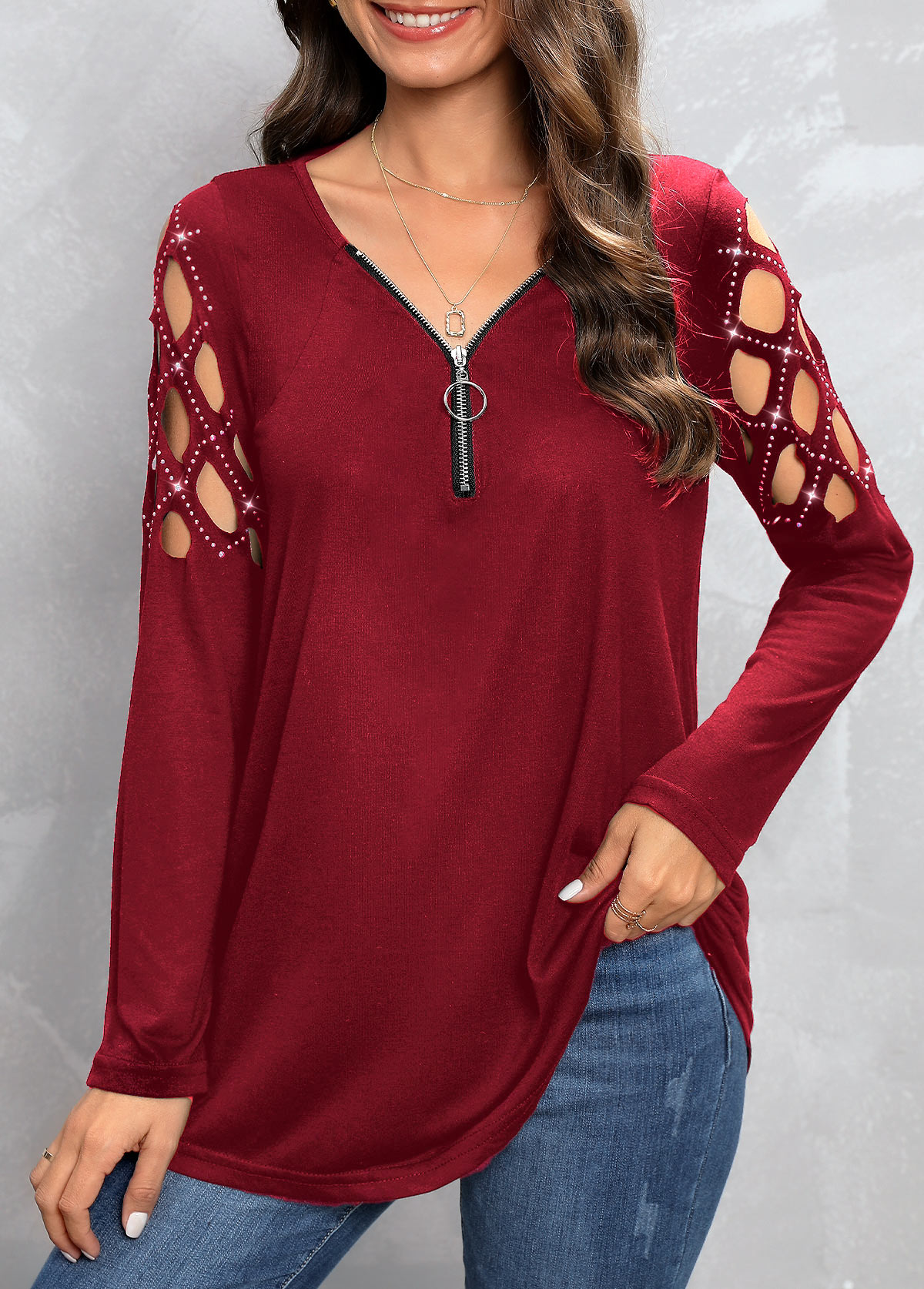 Hot Drilling Wine Red V Neck T Shirt