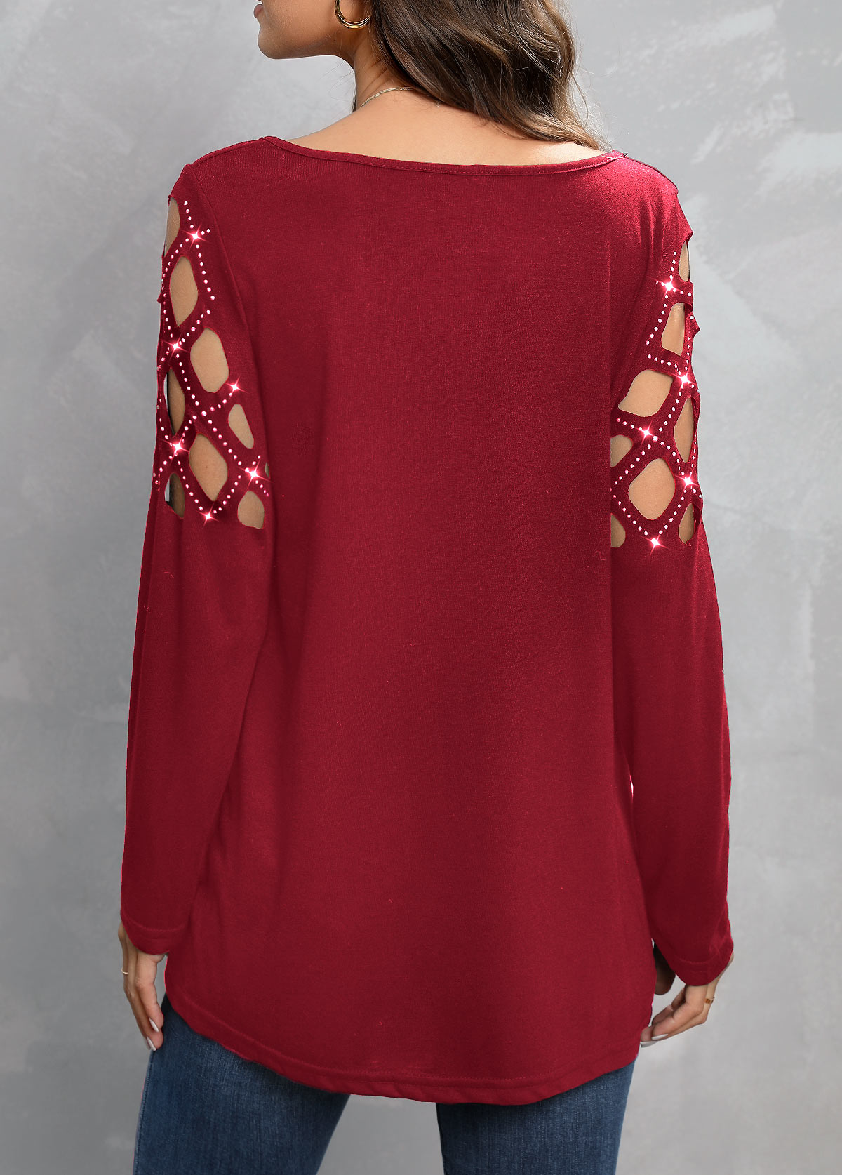 Wine Red tops,Plain Color tops,Hot Drilling Wine Red V Neck T Shirt