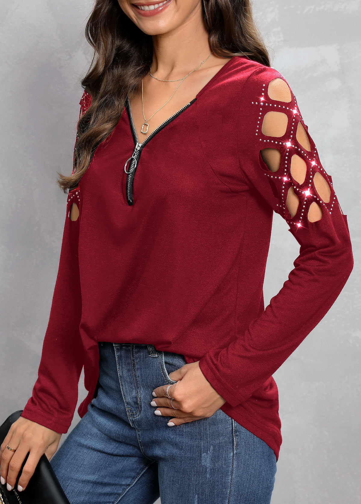 Wine Red tops,Plain Color tops,Hot Drilling Wine Red V Neck T Shirt