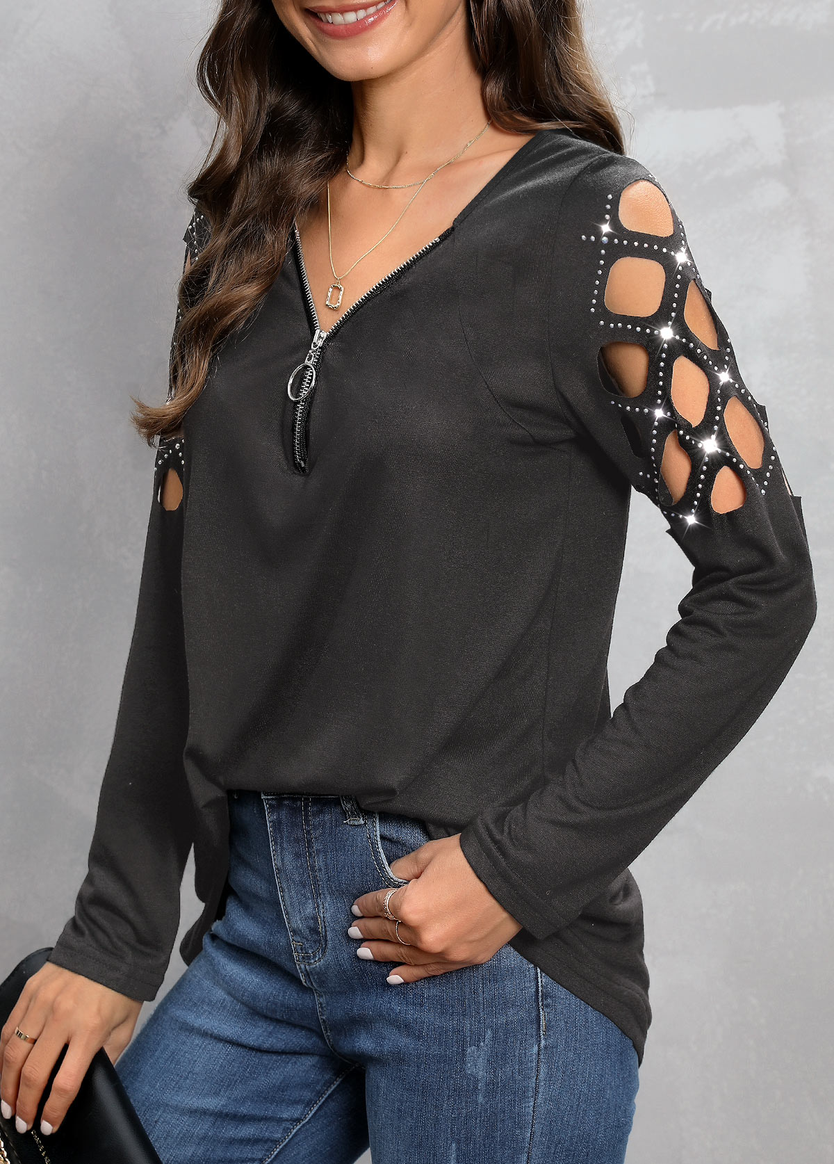 Dark Grey tops,Plain Color tops,Hot Drilling Dark Grey V Neck T Shirt