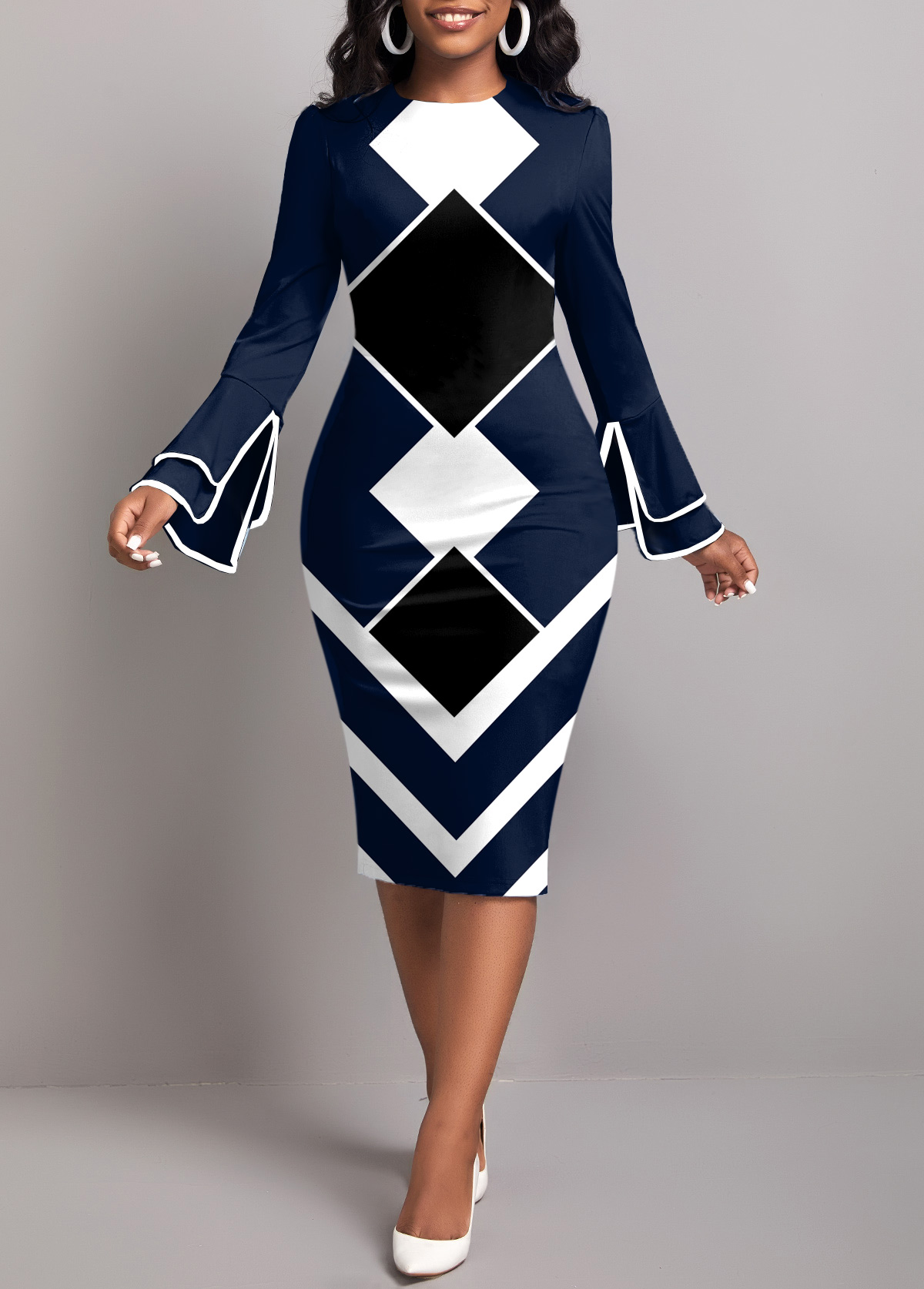 ROTITA Contrast Binding Geometric Print Navy Bodycon Dress