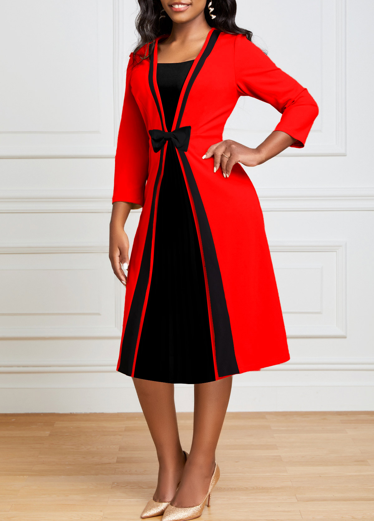 Red dresses,Contrast Color dresses,ROTITA 3/4 Sleeve Red Fake 2in1 Dress