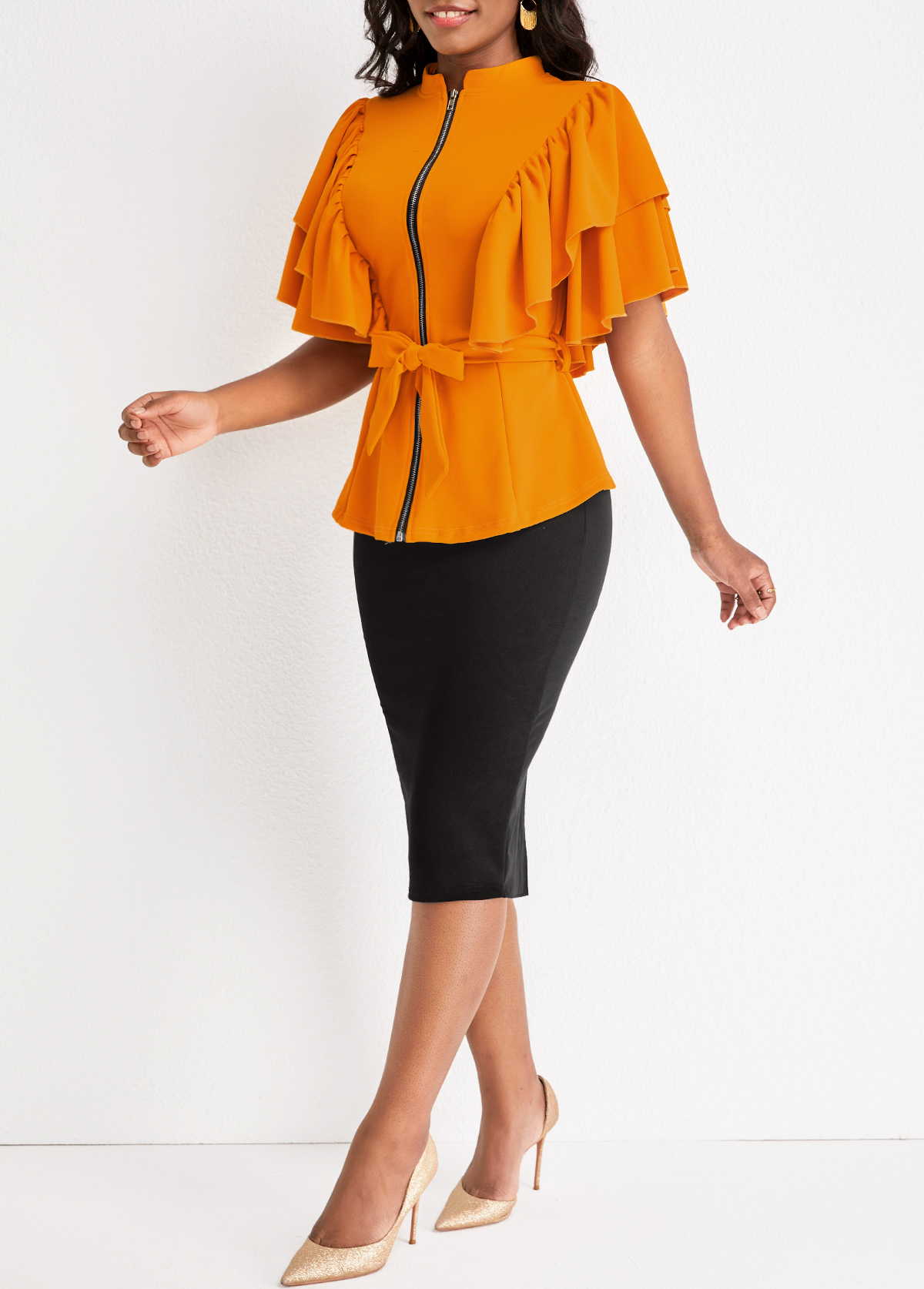 Ginger dresses,Black dresses,Contrast Color dresses,ROTITA Two Piece Ginger Belted Stand Collar Suit