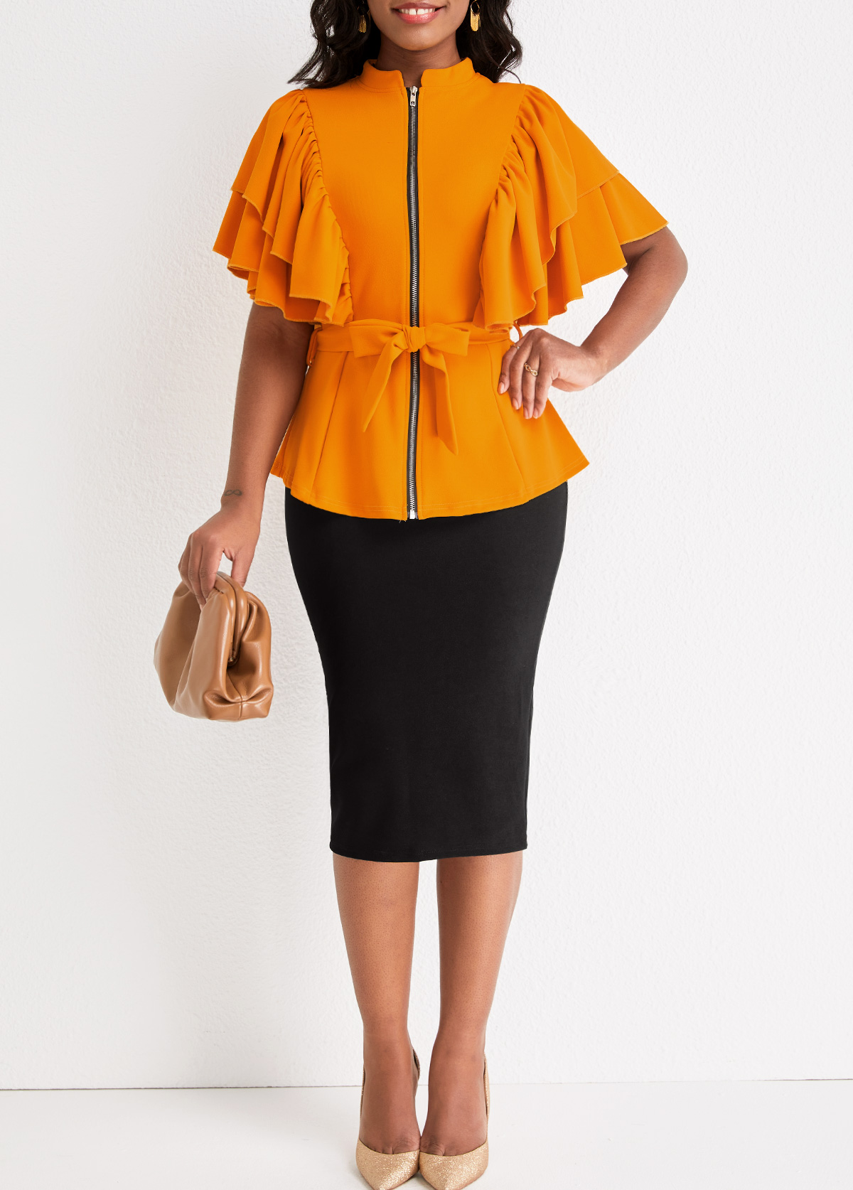 Ginger dresses,Black dresses,Contrast Color dresses,ROTITA Two Piece Ginger Belted Stand Collar Suit