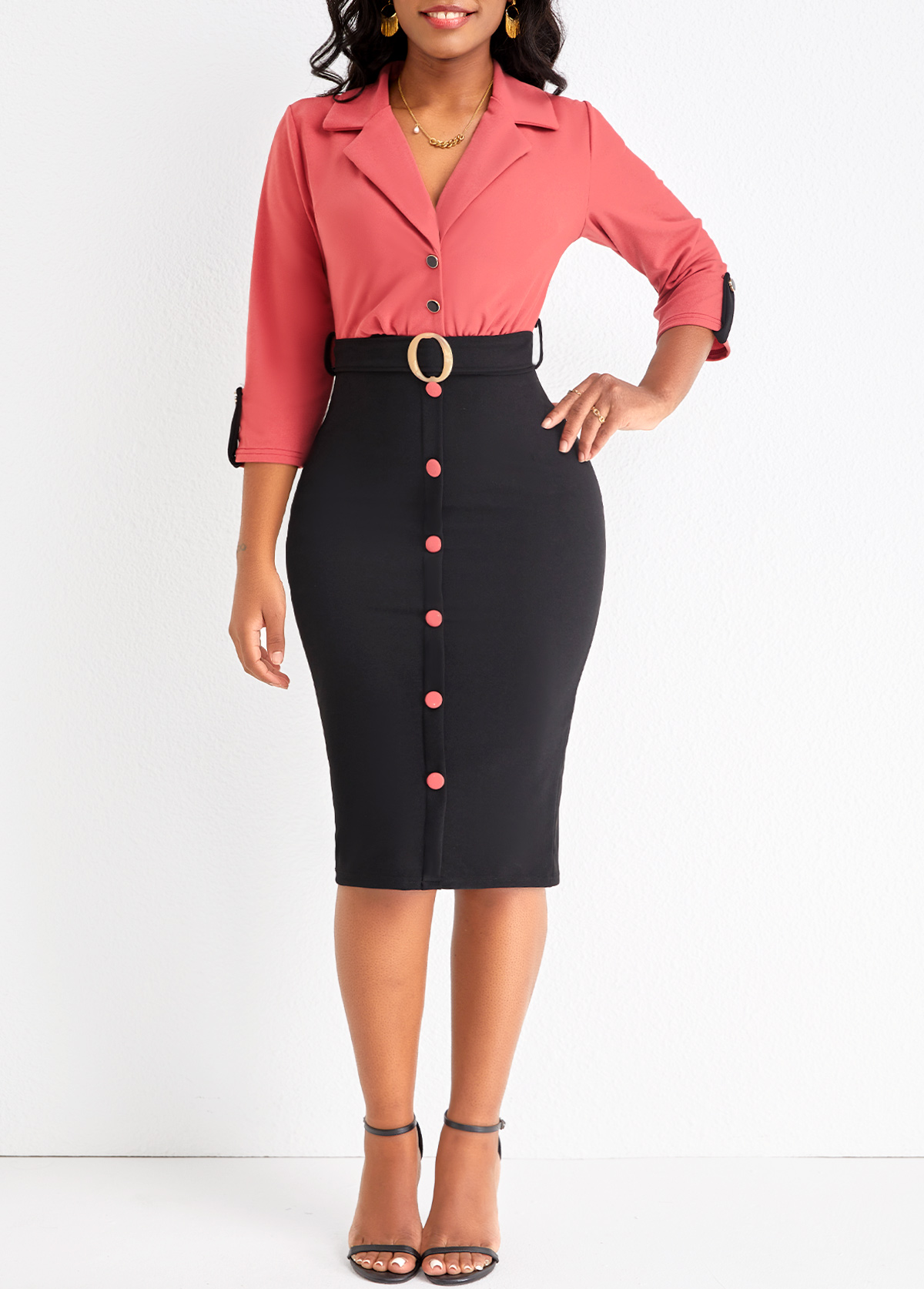 Brick Red dresses,Black dresses,Contrast Color dresses,ROTITA Button Brick Red Belted Lapel Bodycon Dress
