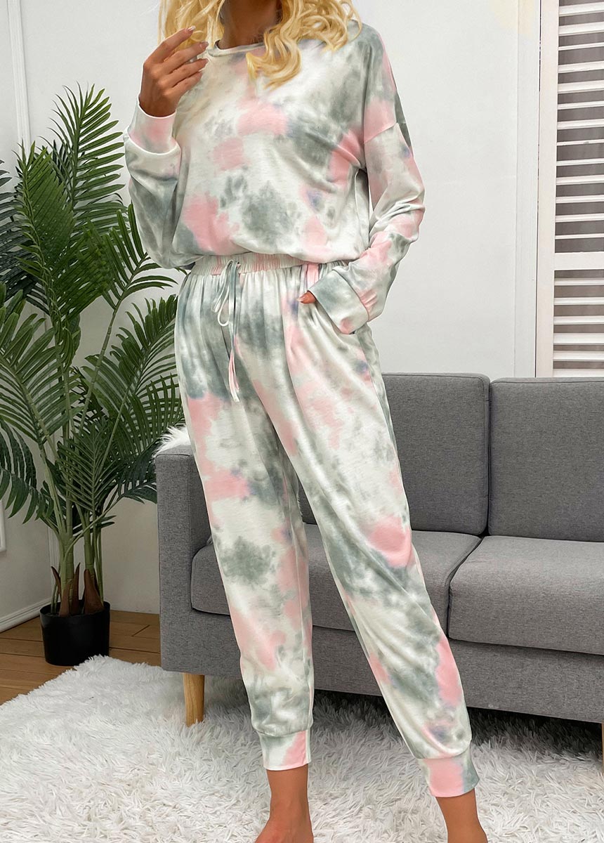 Multi Color intimates,Tie Dye intimates,Tie Dye Print Multi Color Long Sleeve Loungewear Set