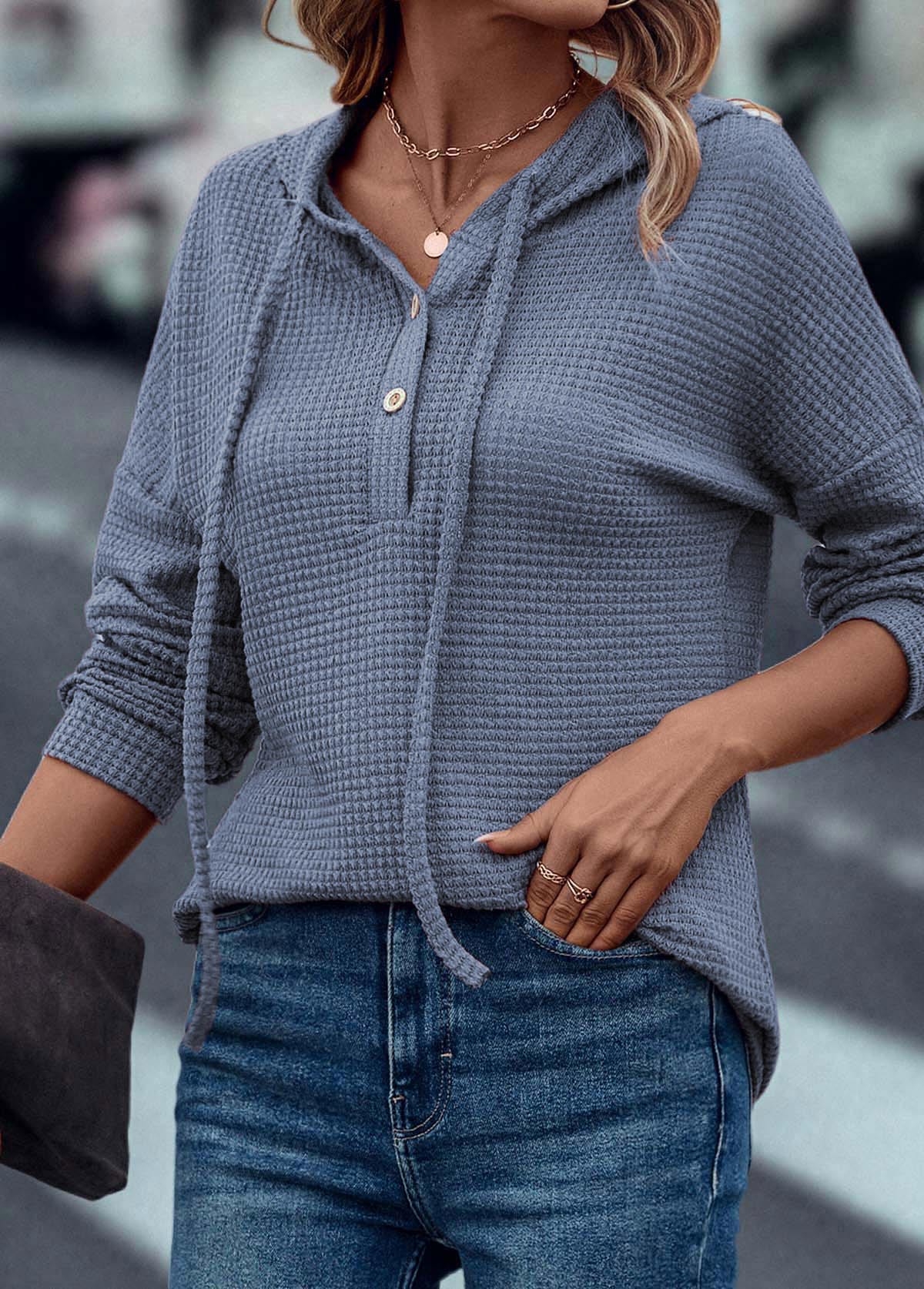 Dusty Blue tops,Plain Color tops,Drawstring Dusty Blue Long Sleeve Hoodie