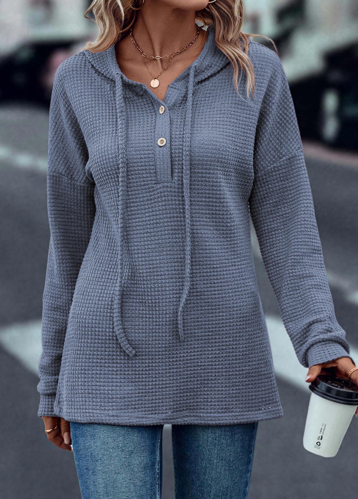 Dusty Blue tops,Plain Color tops,Drawstring Dusty Blue Long Sleeve Hoodie