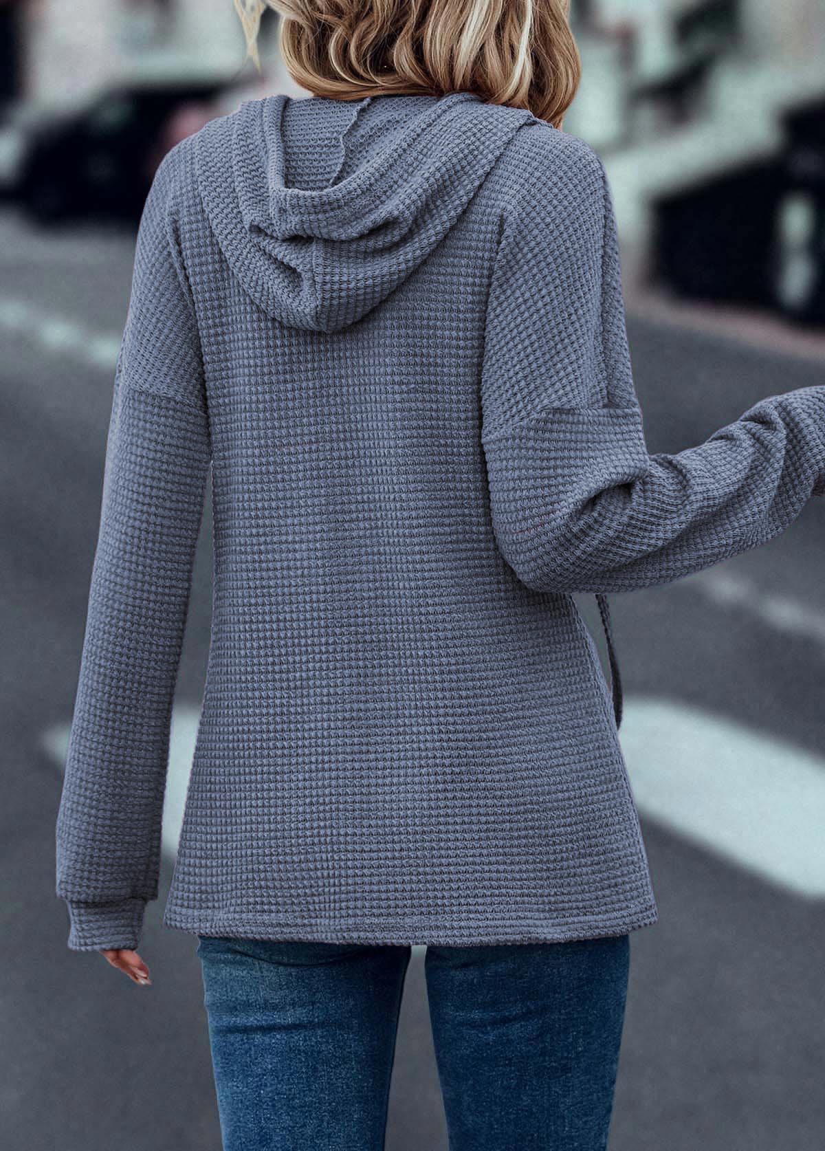 Dusty Blue tops,Plain Color tops,Drawstring Dusty Blue Long Sleeve Hoodie