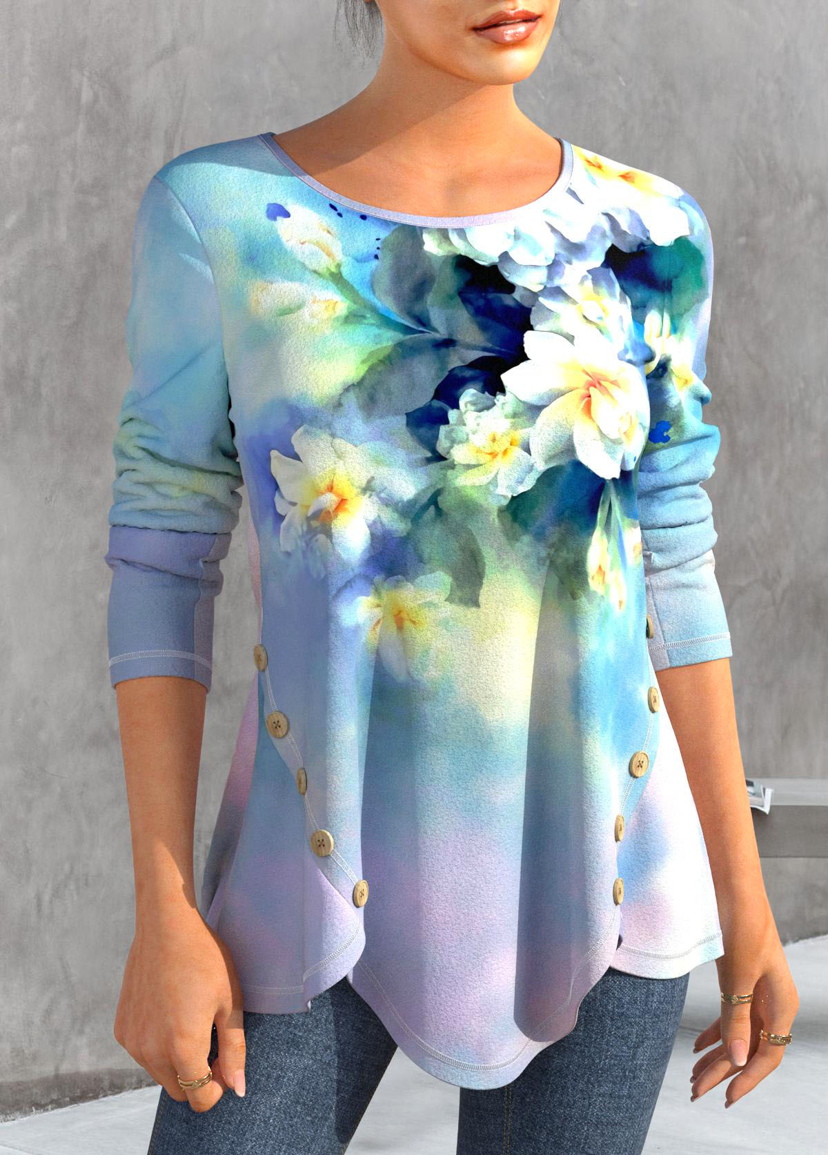 Light Blue tops,Floral tops,Plants tops,ROTITA Button Floral Print Light Blue T Shirt