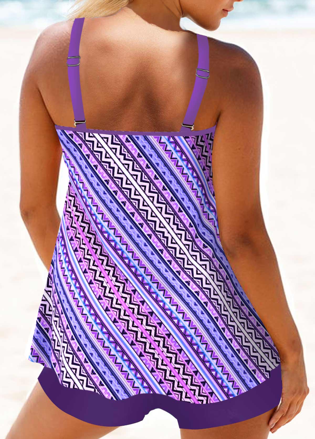 Purple swimwear,Geometric swimwear,ROTITA Metal Ring Purple Geometric Print Tankini Top