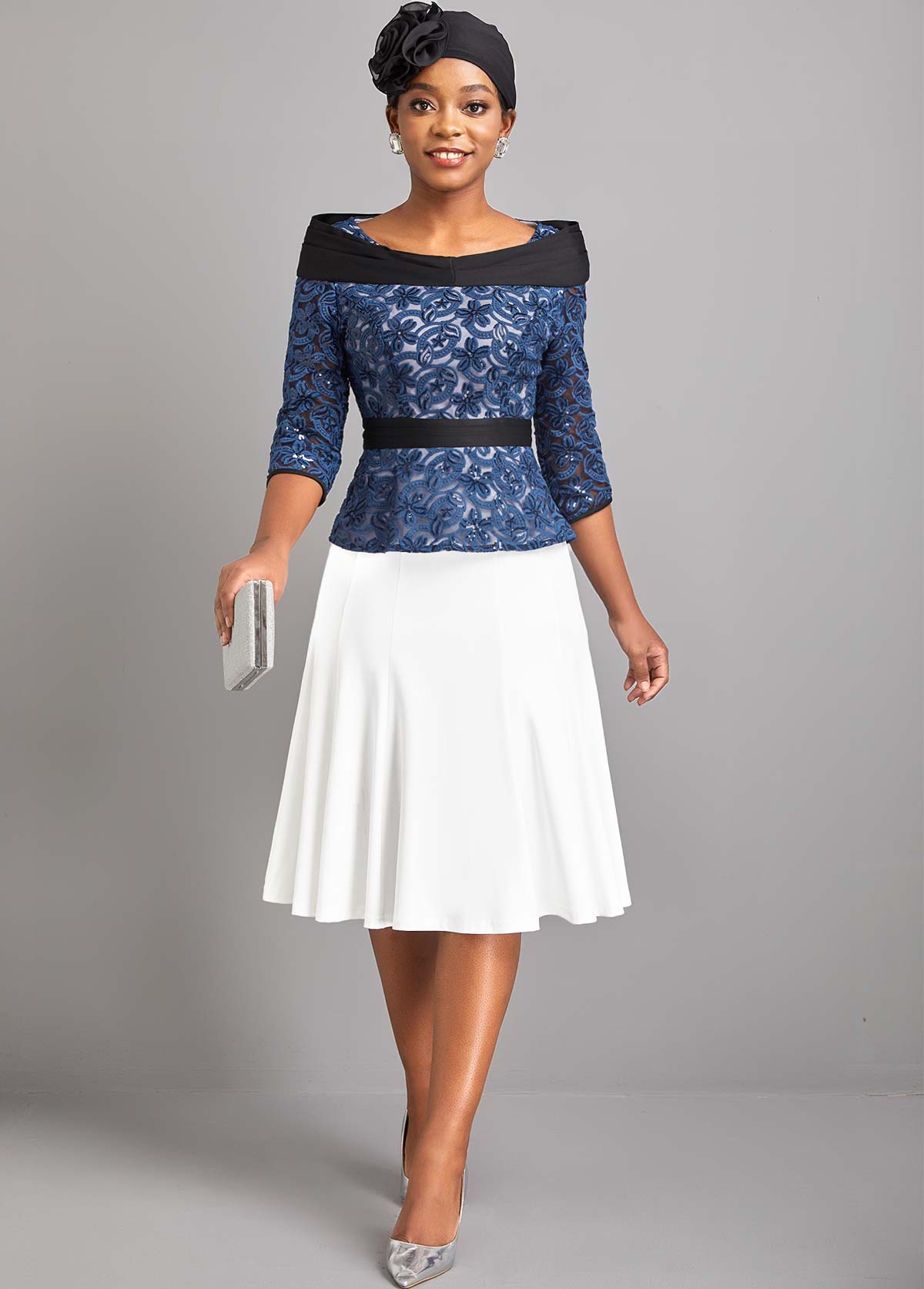 Black accessories,Plain Color accessories,Stereo Flower Design Black Turban Hat