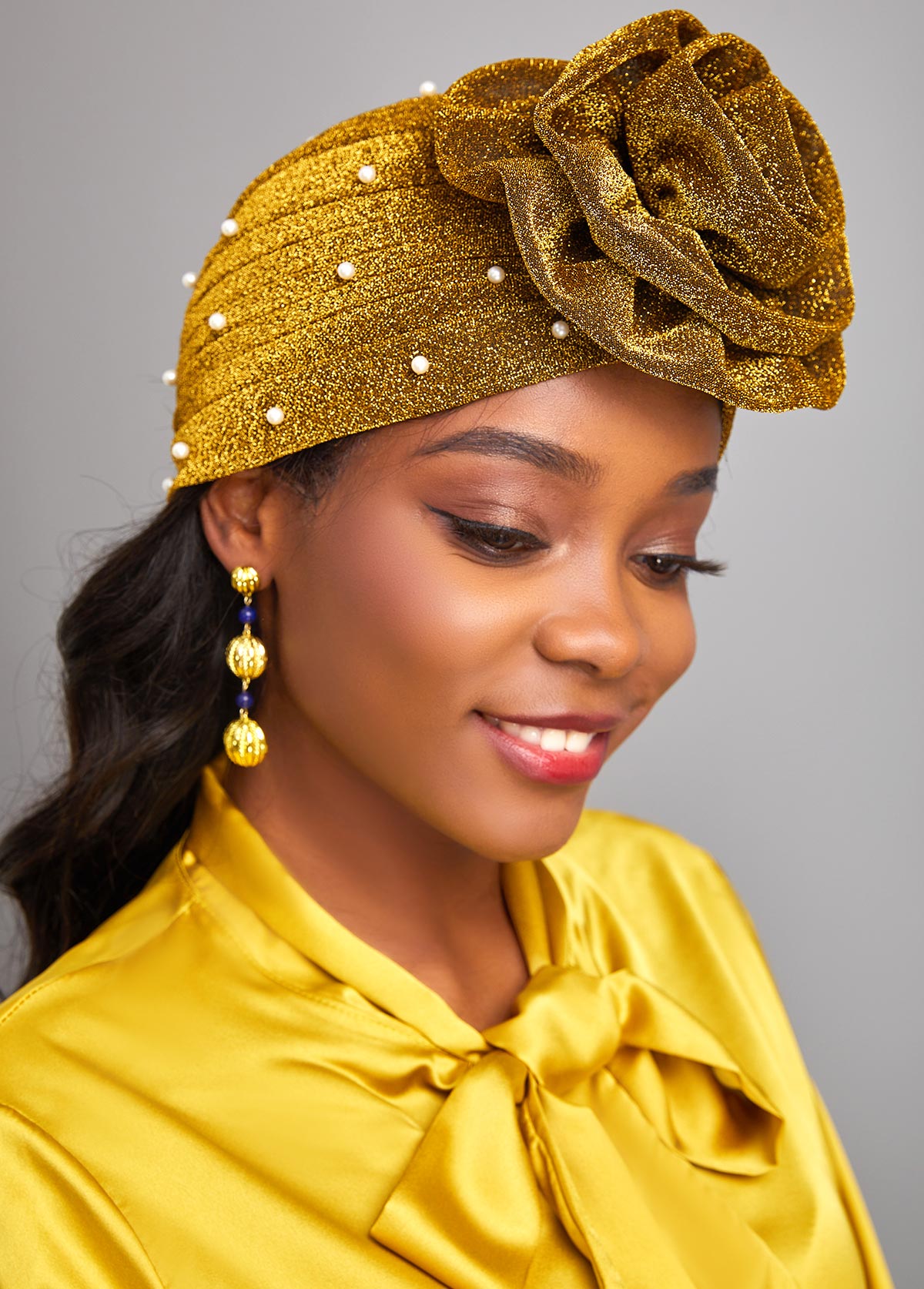 Pearl Design Floral Detail Gold Turban Hat