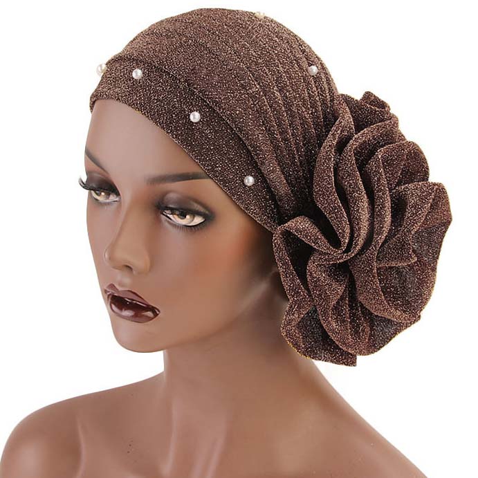 Chapeau turban fleur de café foncé perlé