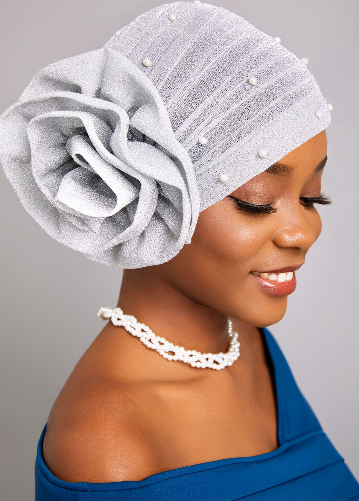 Chapeau Turban Blanc Argenté Flower Pearl