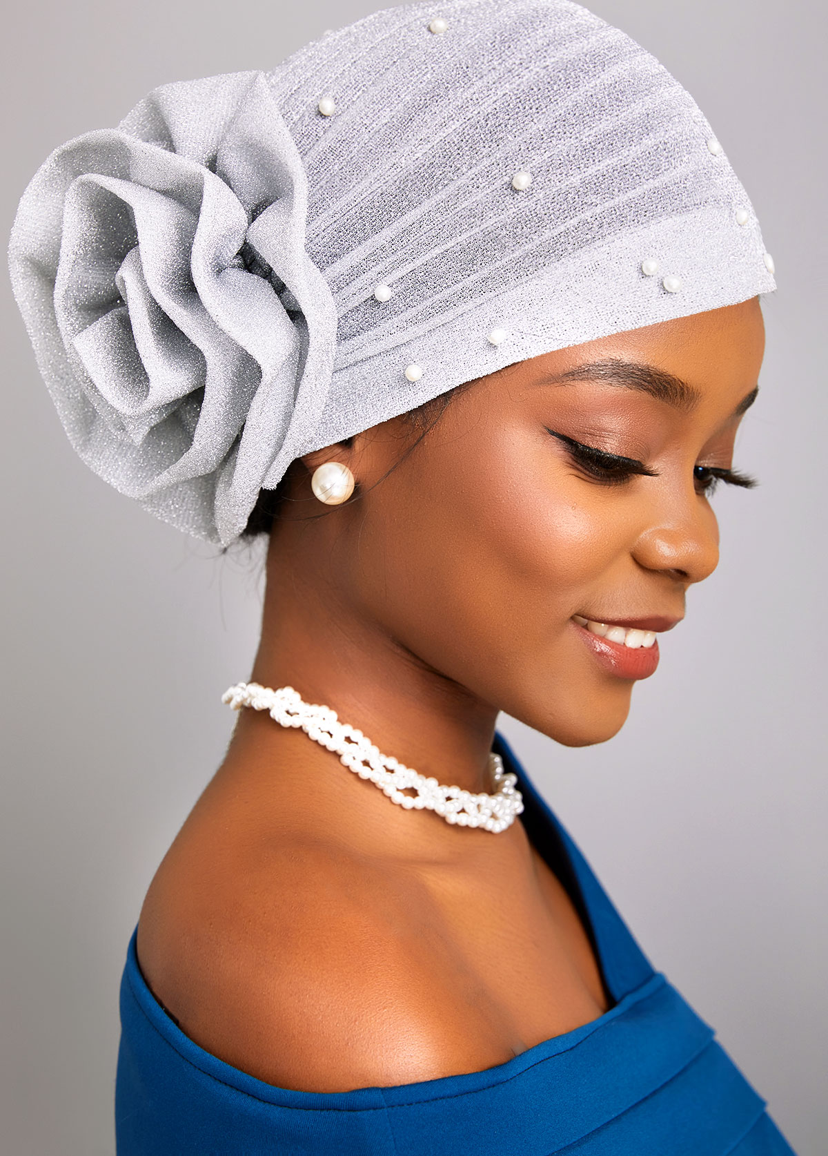 Silvery White accessories,Plain Color accessories,Flower Pearl Silvery White Turban Hat
