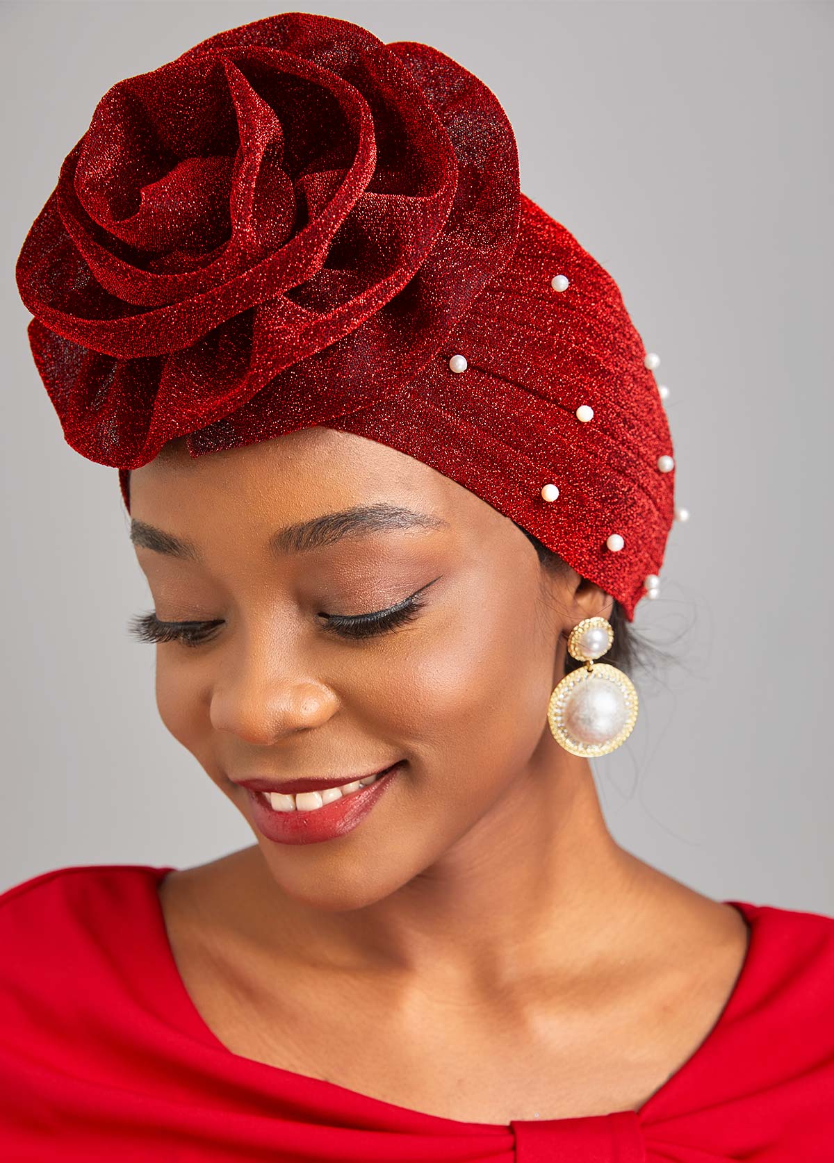 Pearl Flower Desin Wine Red Turban Hat