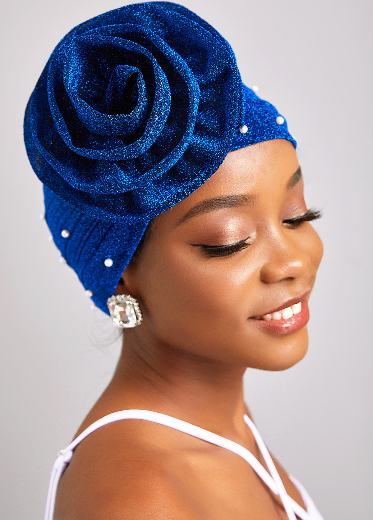 Pearl Flower Dark Blue Turban Hat