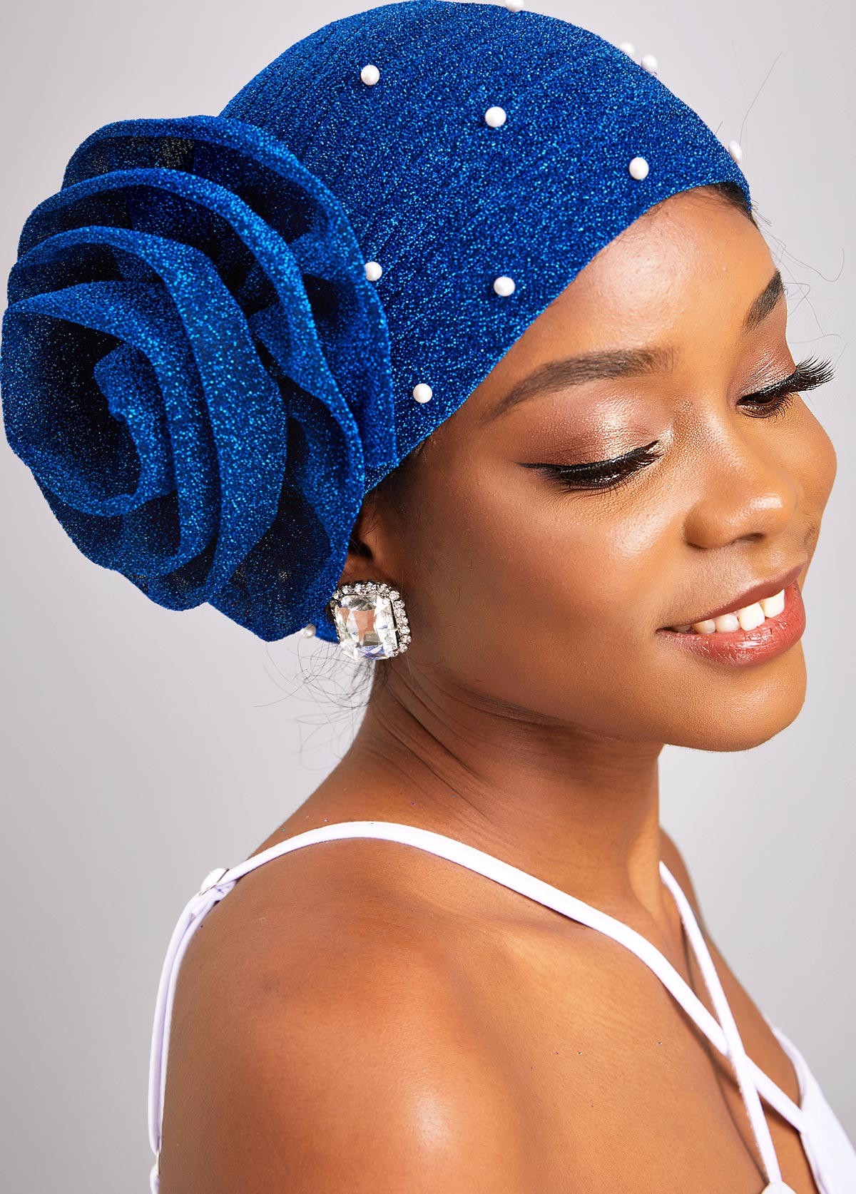 Dark Blue accessories,Plain Color accessories,Pearl Flower Dark Blue Turban Hat