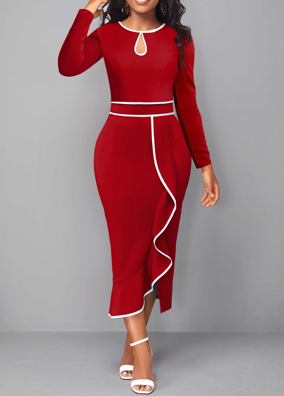 Red dresses,Plain Color dresses,Party dresses,Elegant dresses,ROTITA Contrast Binding Red Round Neck Bodycon Dress