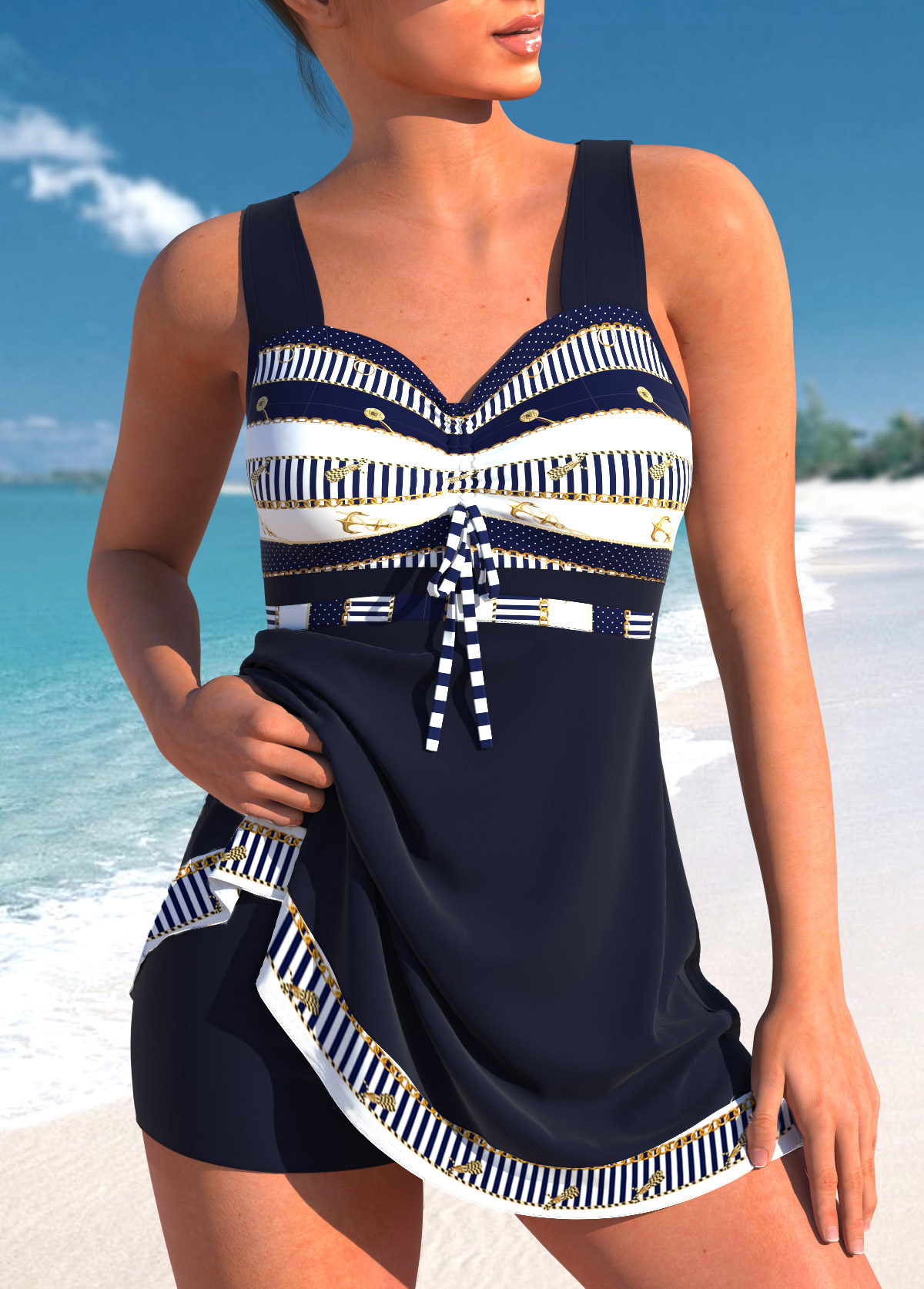 Navy swimwear,Striped swimwear,Dot swimwear,Geometric swimwear,ROTITA Bowknot Navy Cross Strap Striped Swimdress Top
