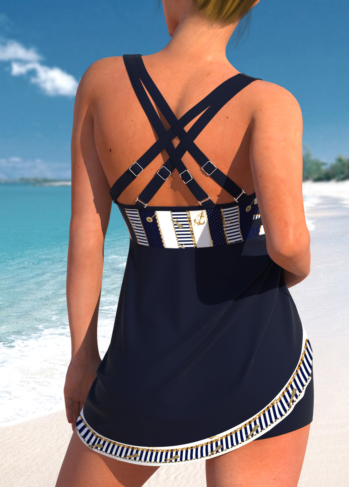 Navy swimwear,Striped swimwear,Dot swimwear,Geometric swimwear,ROTITA Bowknot Navy Cross Strap Striped Swimdress Top