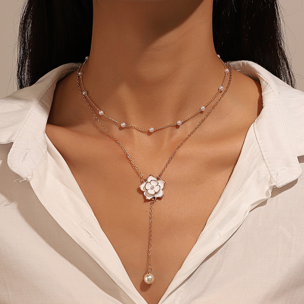 Pearl Golden Asymmetrical Design Flower Necklaces